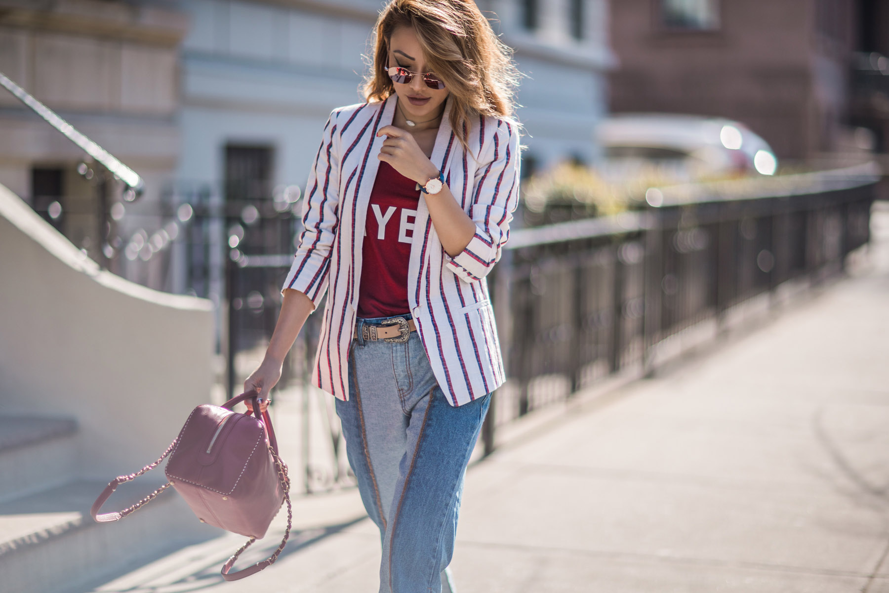 Spring Transitional Jackets - Stripe Blazer and Cluse Minuit Model Rose Gold Watch // NotJessFashion.com