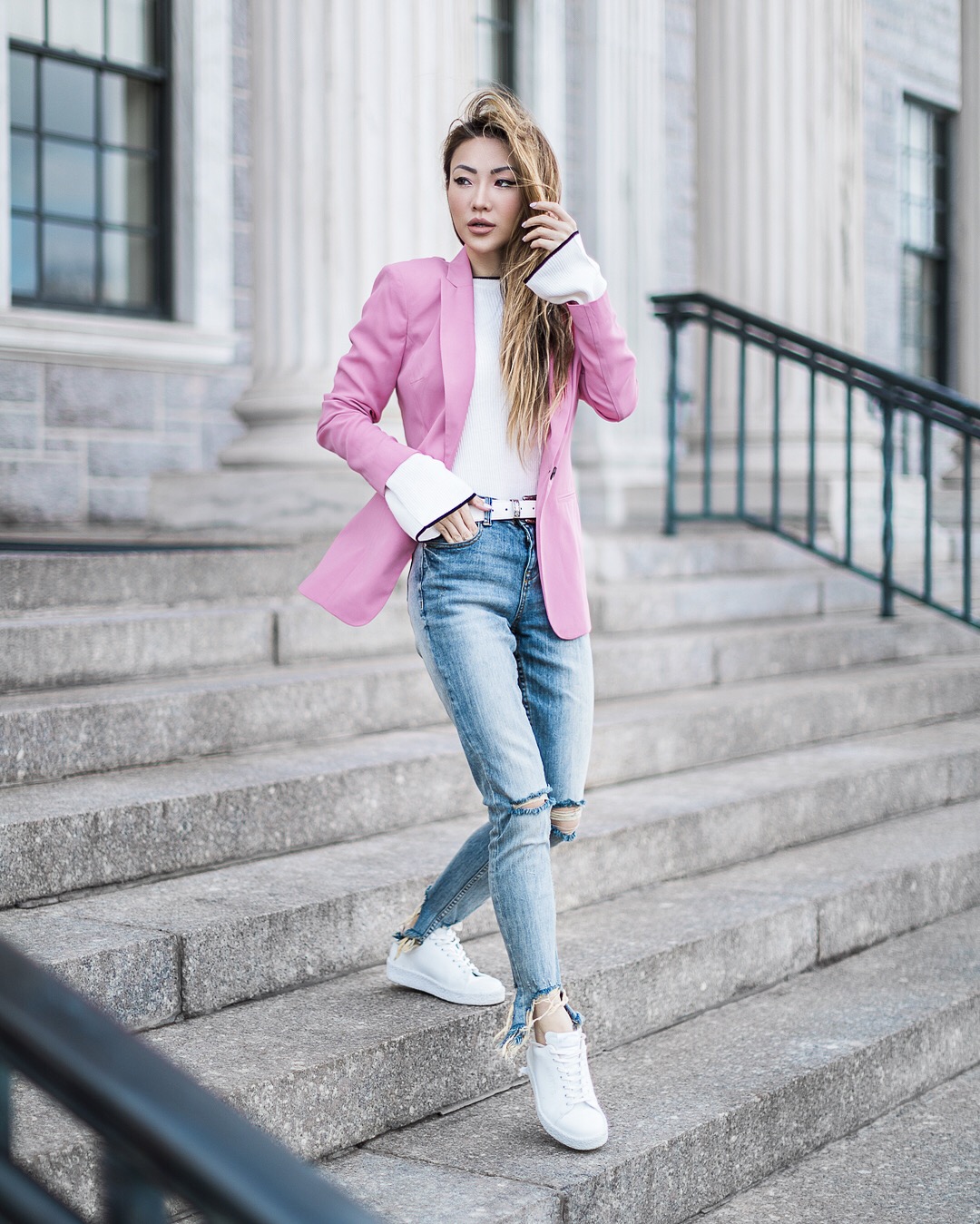 Thanksgiving Outfit Ideas - Pink Blazer with Denim // NotJessFashion.com