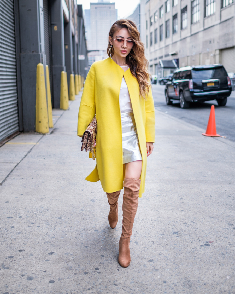 THIGHHIGH BOOTS - Tips for Styling Thigh High Boots - Pinko Yellow Collarless Coat & Steve Madden OTK Boots // NotJessFashion.com