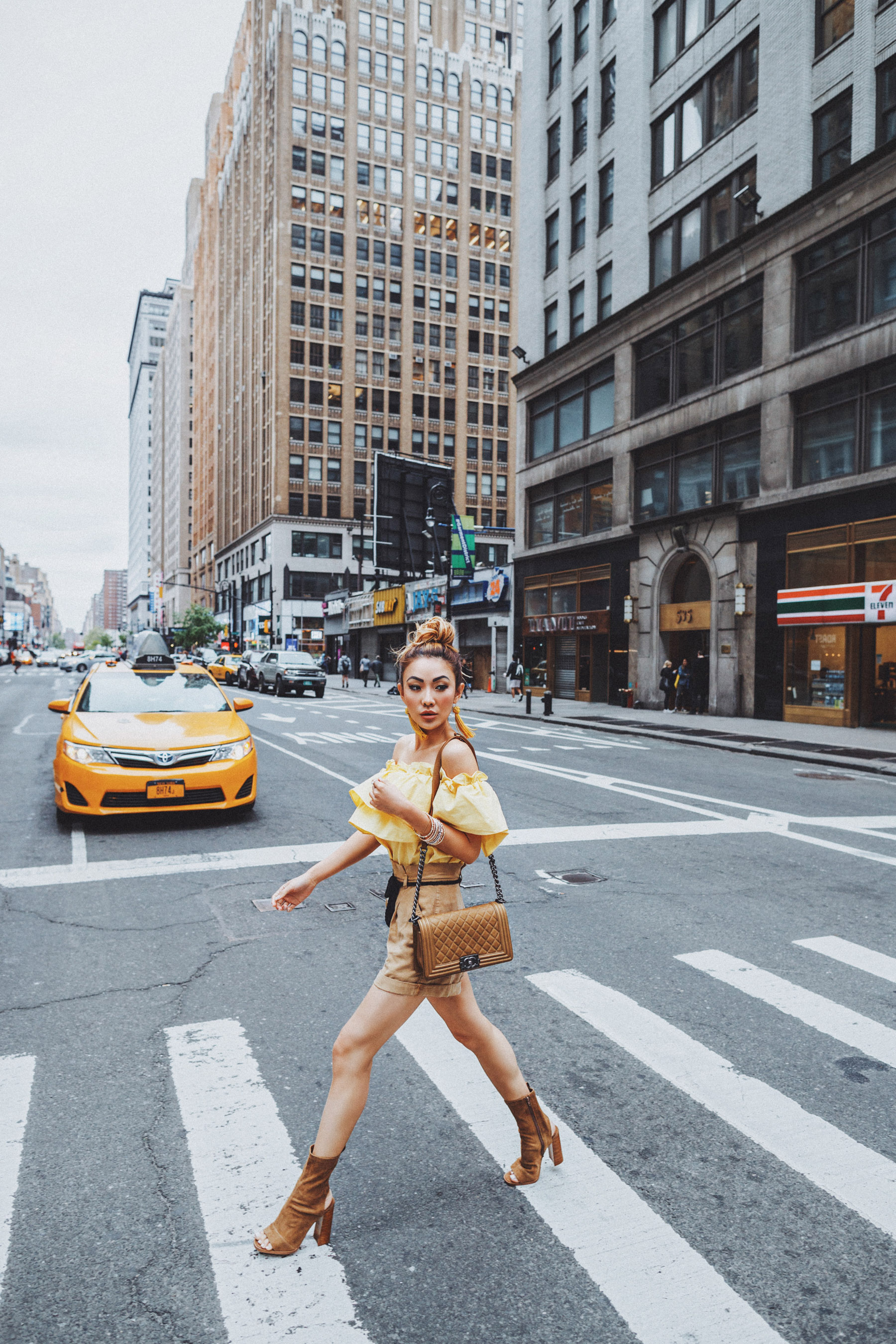 7 Posing Tips for Bloggers - Yellow ruffle off the shoulder top, open toe booties // Notjessfashion.com