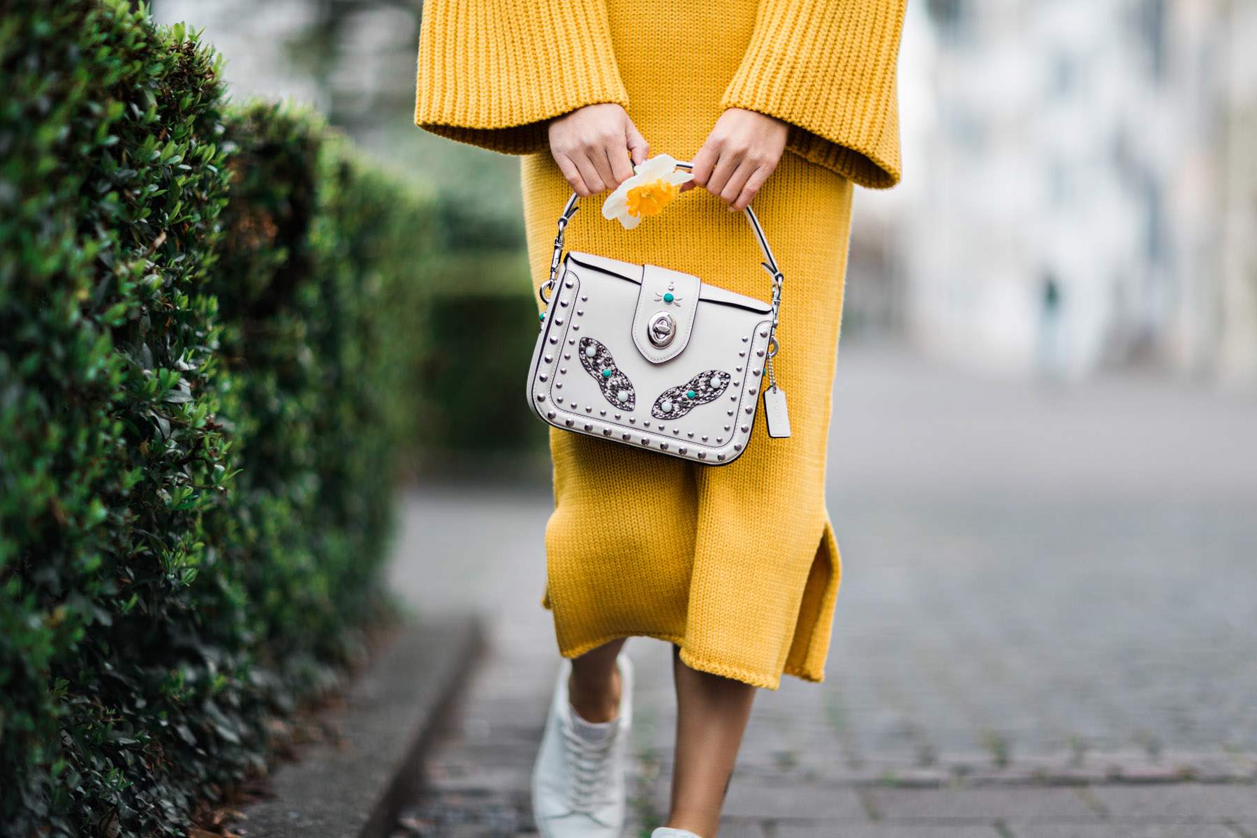 Yellow Sweater Dress with Trumpet Sleeves // Notjessfashion.com