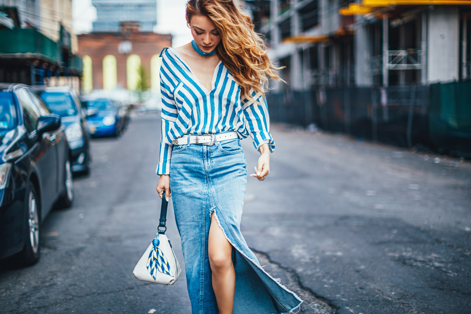 Easy Ways to toughen up a feminine wardrobe - Stripe top with denim maxi skirt, nyc fashion blogger // NotJessFashion.com