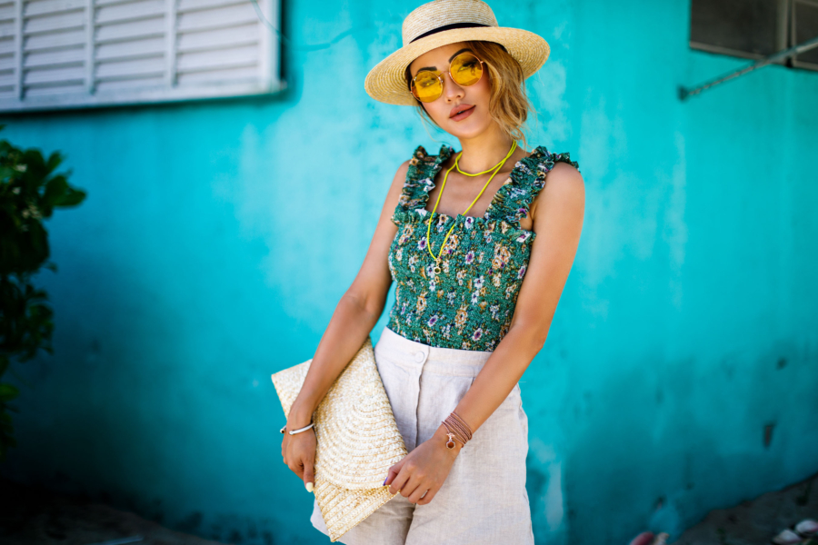 Green Floral Top with Straw Hat and Clutch - Free-Spirited Accessories to Compliment Your Summer Style // NotJessFashion.com