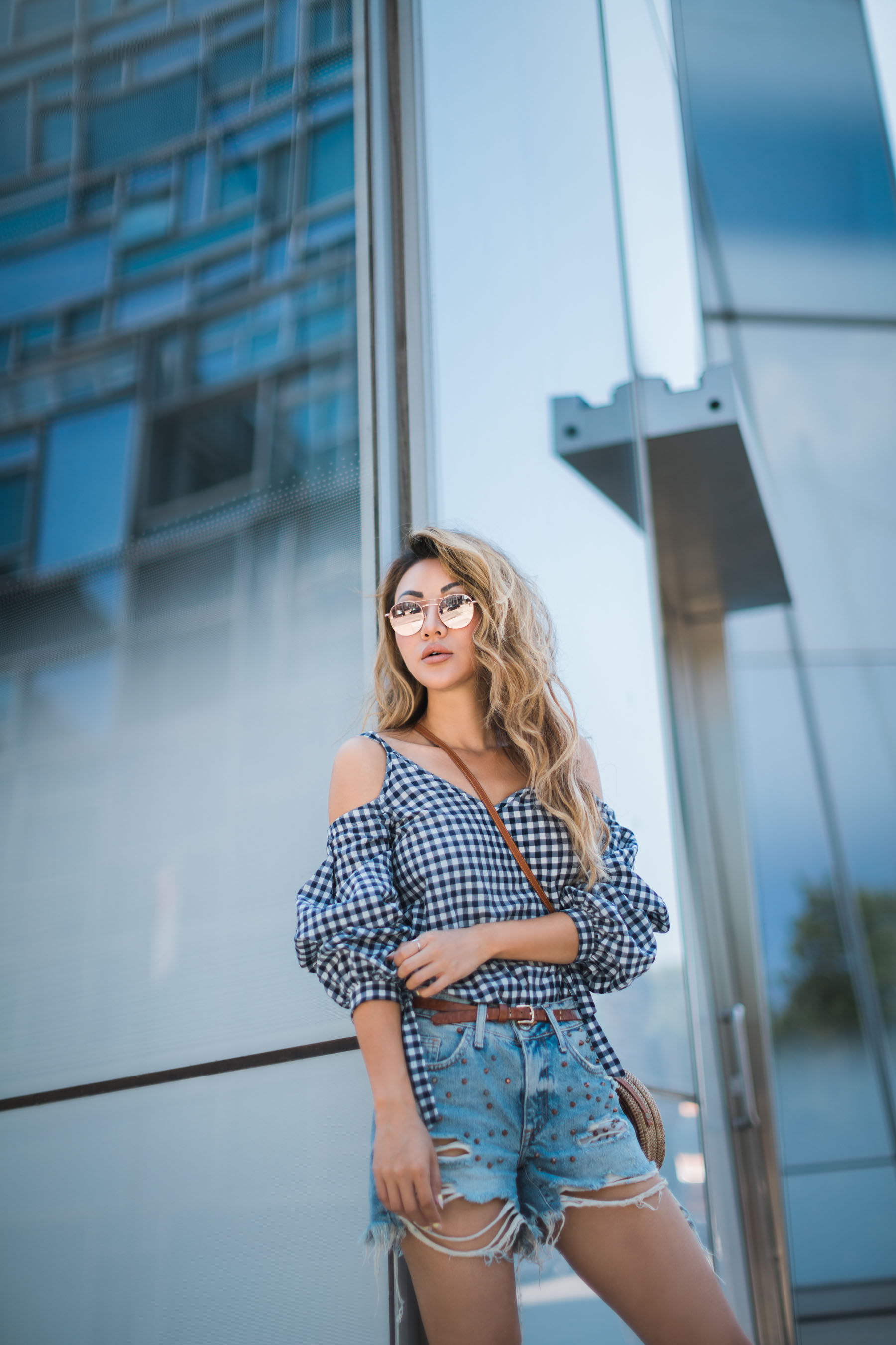 Trending Prints to Wear in 2018 - navy gingham cold shoulder top and denim cut offs // Notjessfashion.com