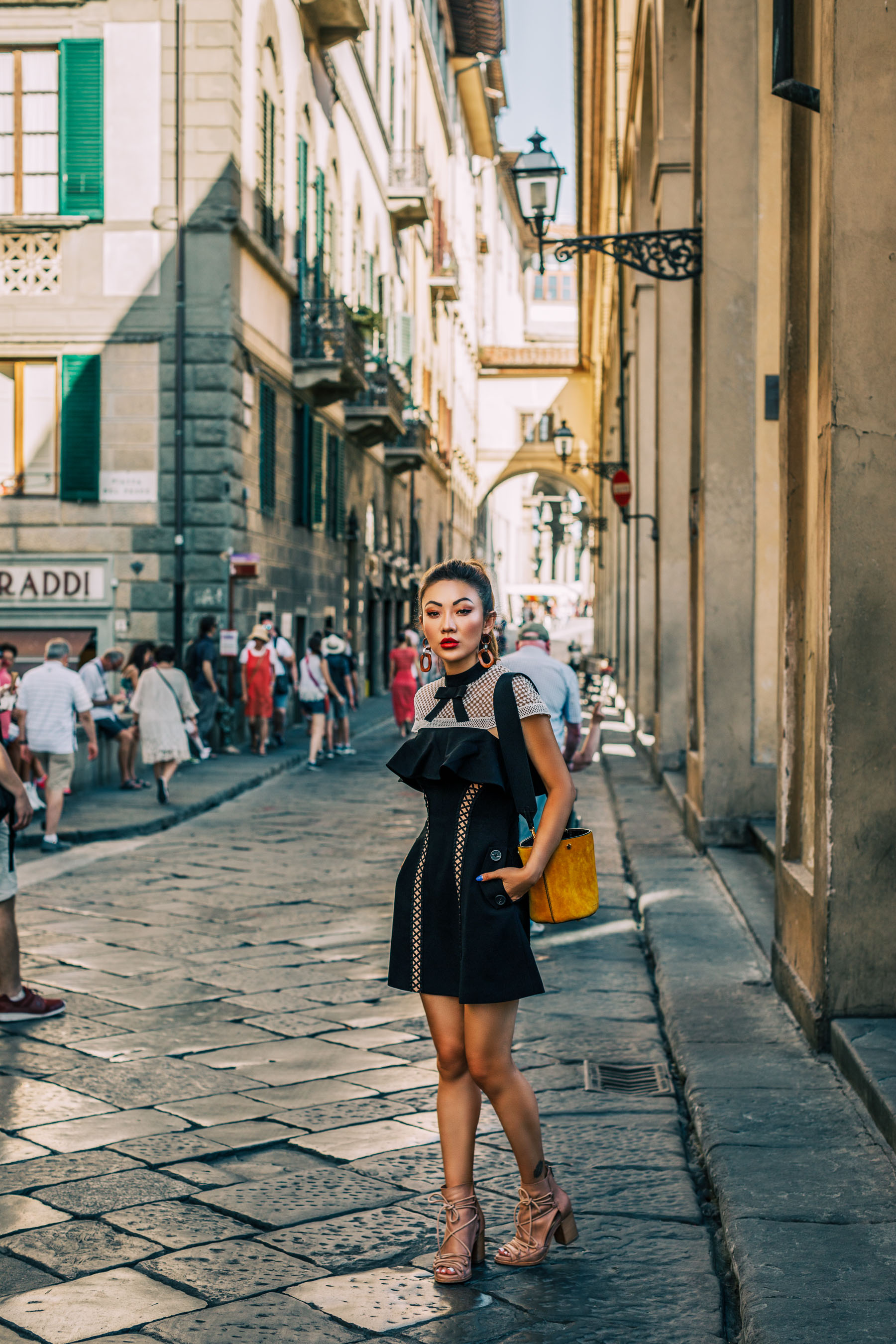 Elevate your everyday outfit with statement color mini bags - Self Portrait Lace Dress, Marni yellow bucket bag // NotJessFashion.com