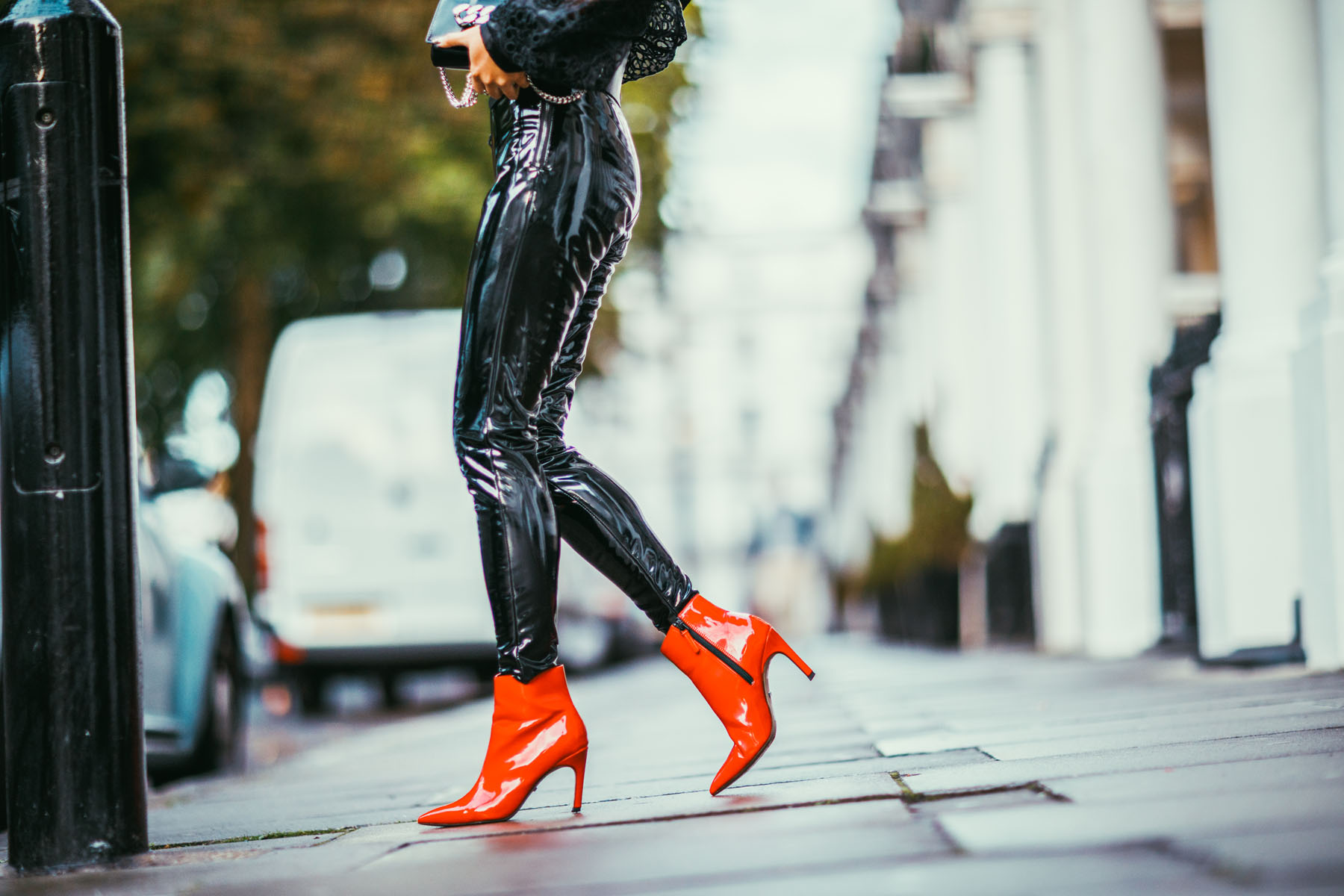 How to Wear Vinyl - Vinyl booties, red booties, lfw Street Style // Notjessfashion.com