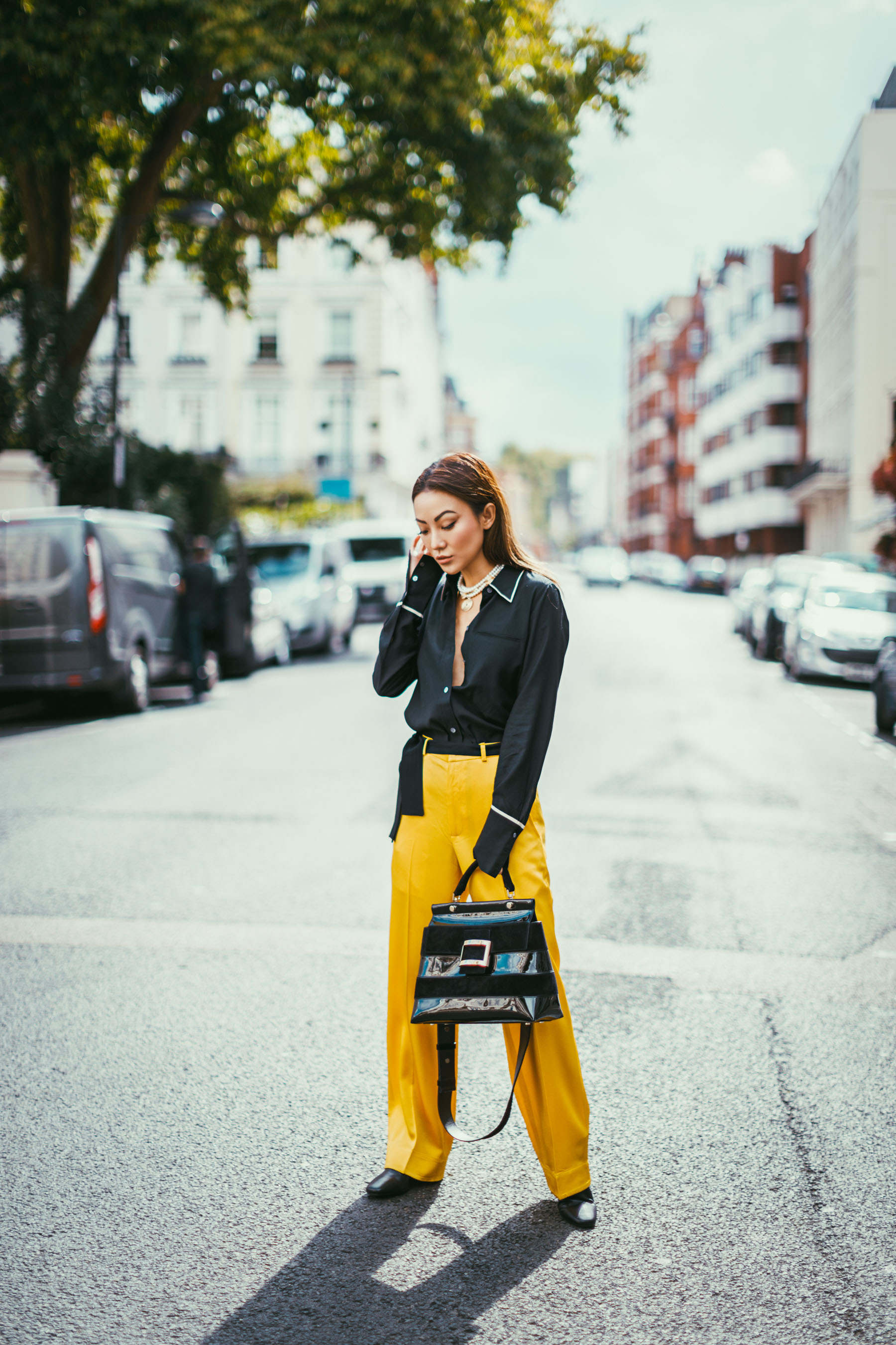 Black Satin Top with Yellow Wide Leg Pants // NotJessFashion.com