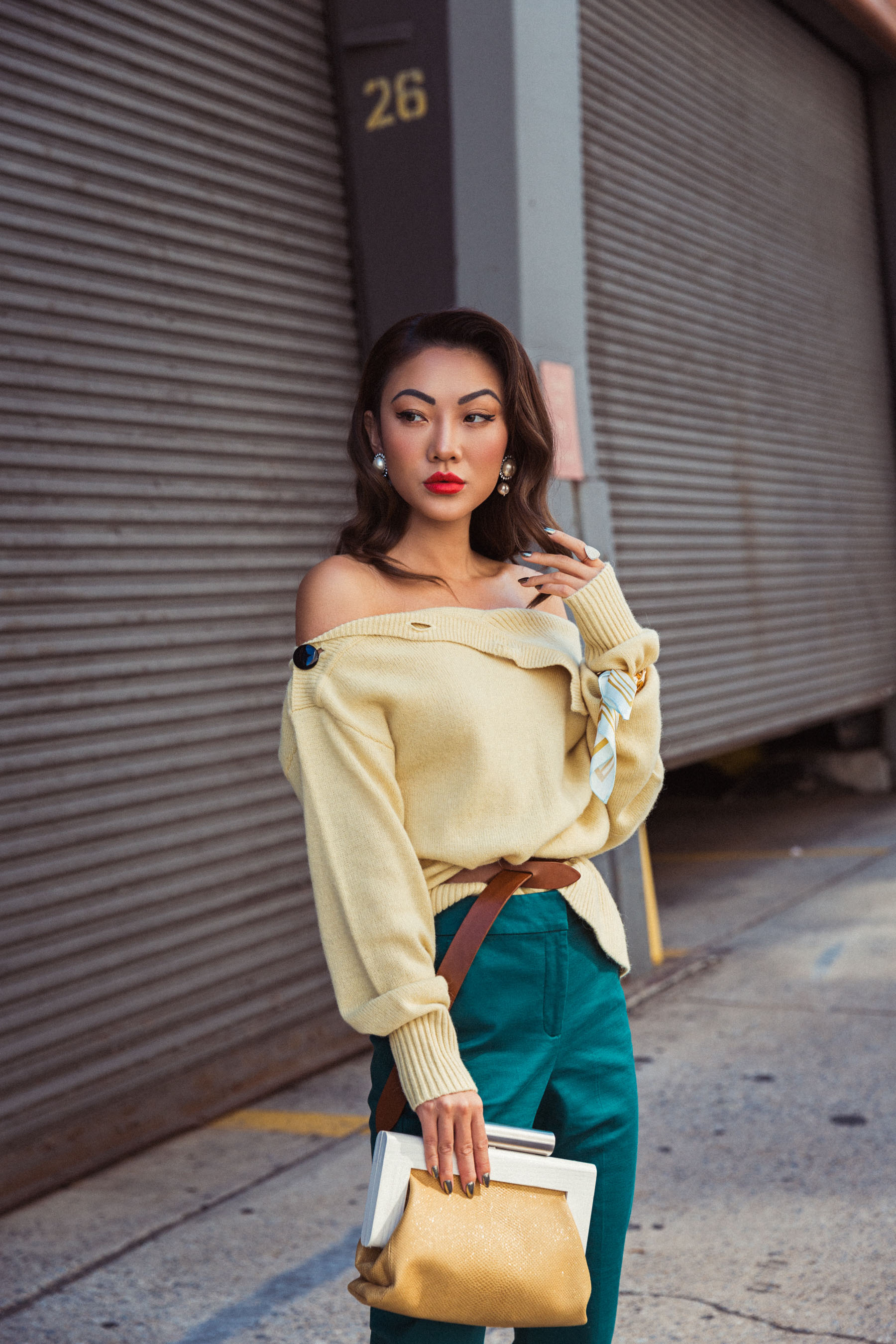 How to Use Fashion Week As A Networking Opportunity // Notjessfashion.com // feather skirt, new york fashion week street style, street style fashion week, nyfw ss18, green trousers, yellow, sweater, fashion week look