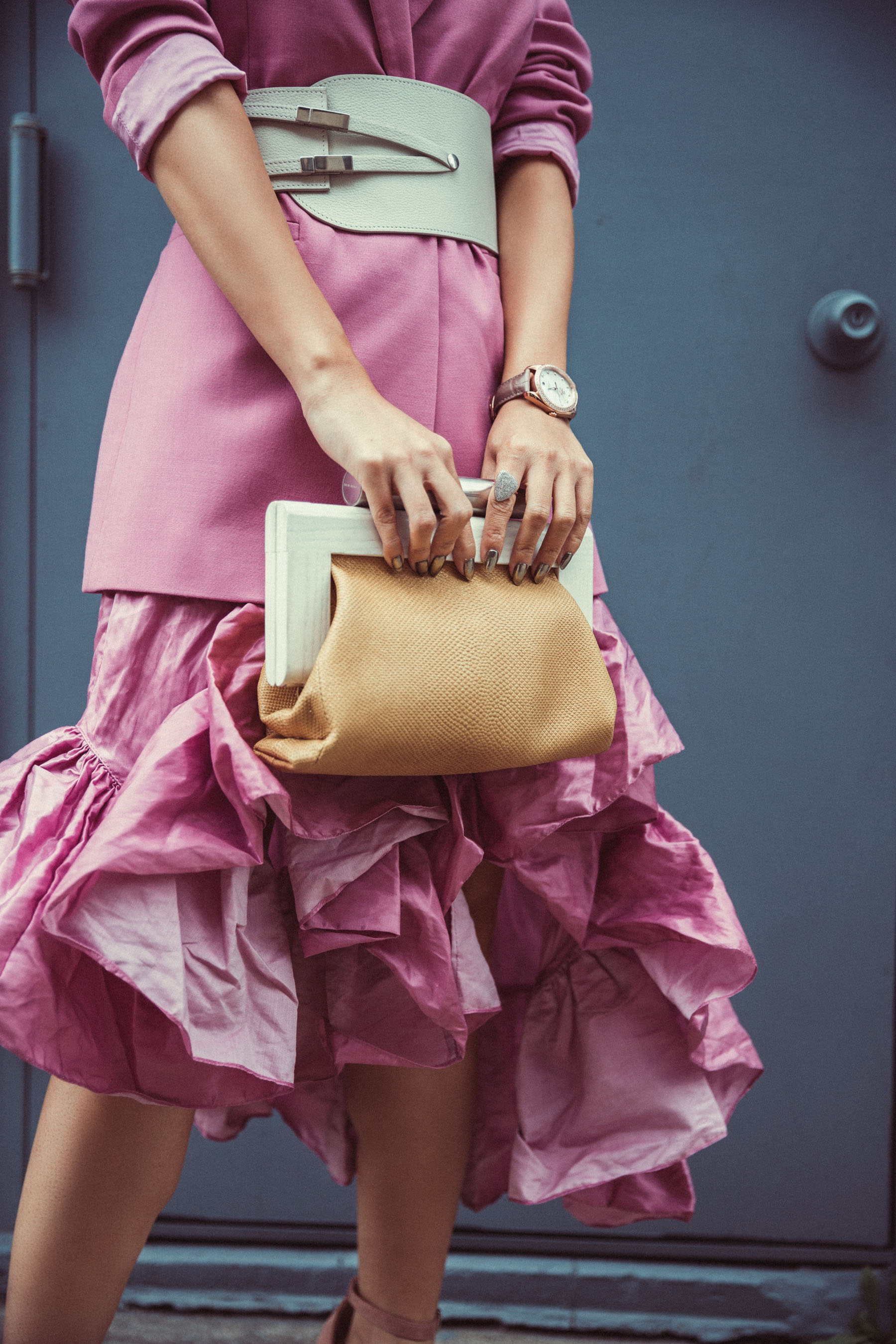 Lilac ruffle dress with lilac blazer and white belt // Notjessfashion.com