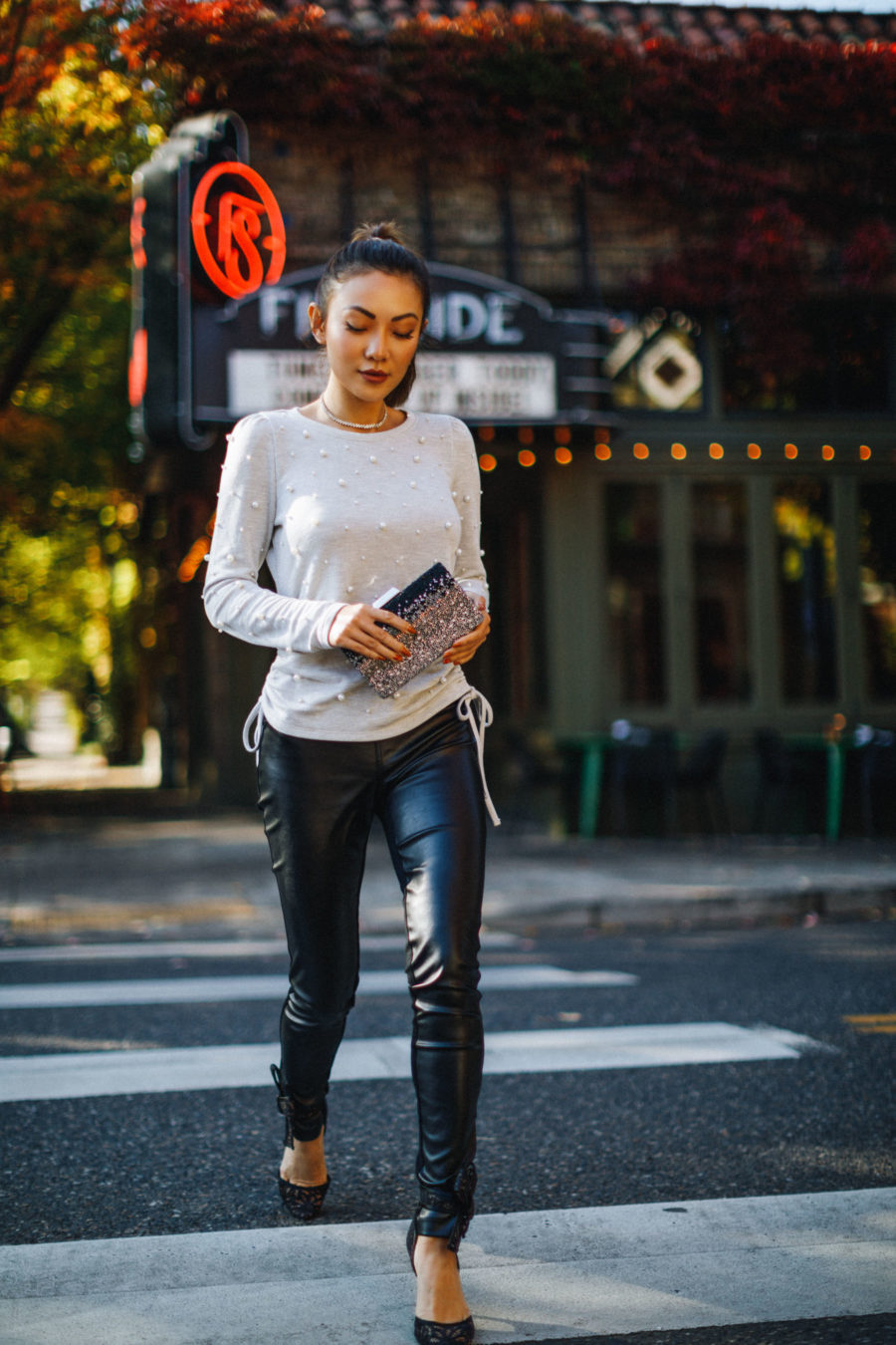 Best Amazon Original Series to Watch this Winter - movie date outfit, casual date night look, sweater and leather pants // Notjessfashion.com