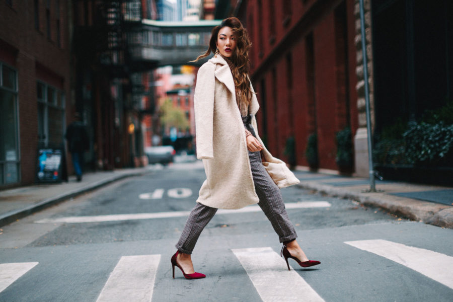 New Ways to Layer for Fall - burgundy heels, plaid pants, and teddy coat // Notjessfashion.com