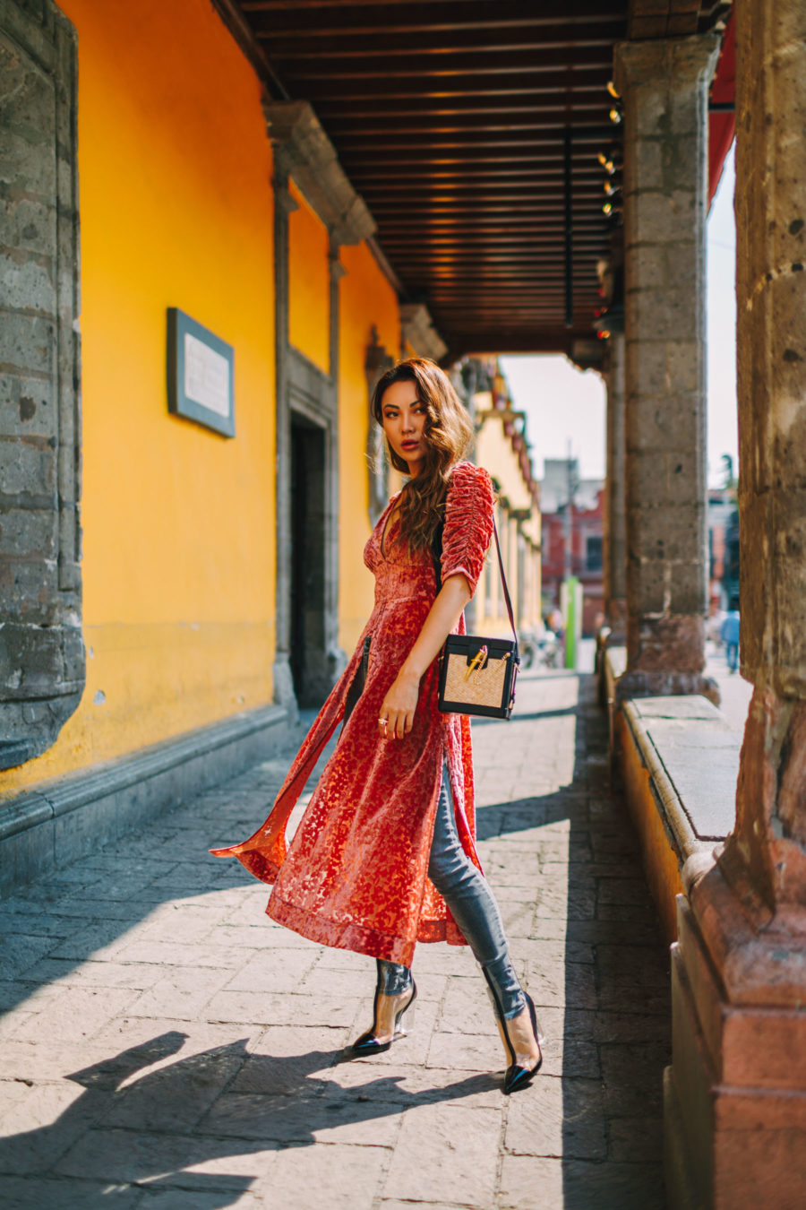 Pink Velvet Dress Skinny Jeans and Clear Boots // Notjessfashion.com