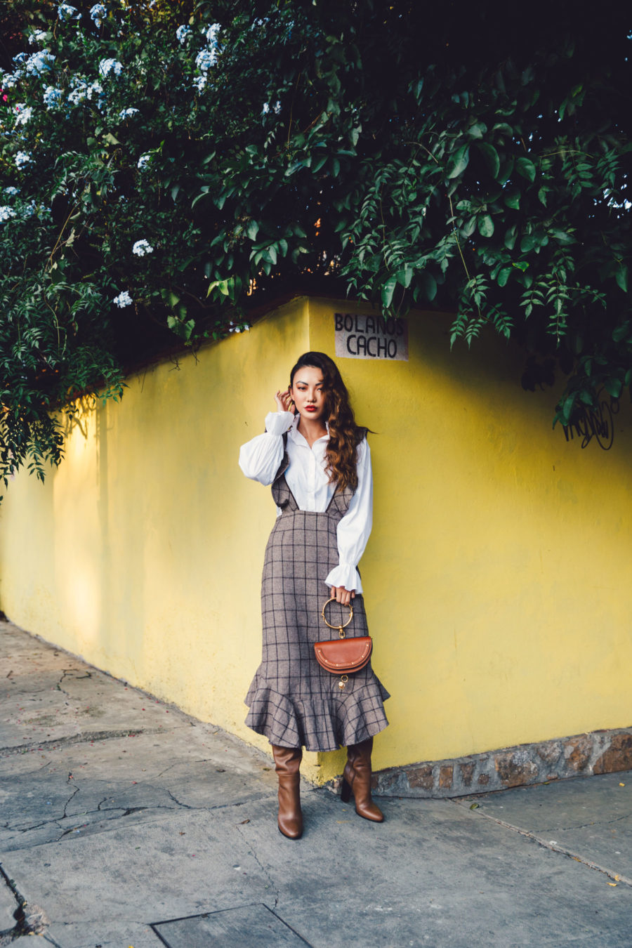 What to wear with knee high boots - Brown Ruffle Plaid Dress with Ruffle Blouse, knee high boots // Notjessfashion.com