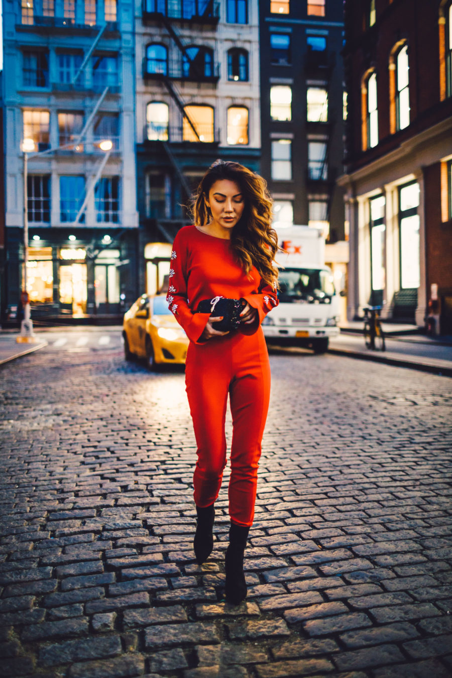 best nyc date night ideas - Red Sweater with Sequin Clutch // Notjessfashion