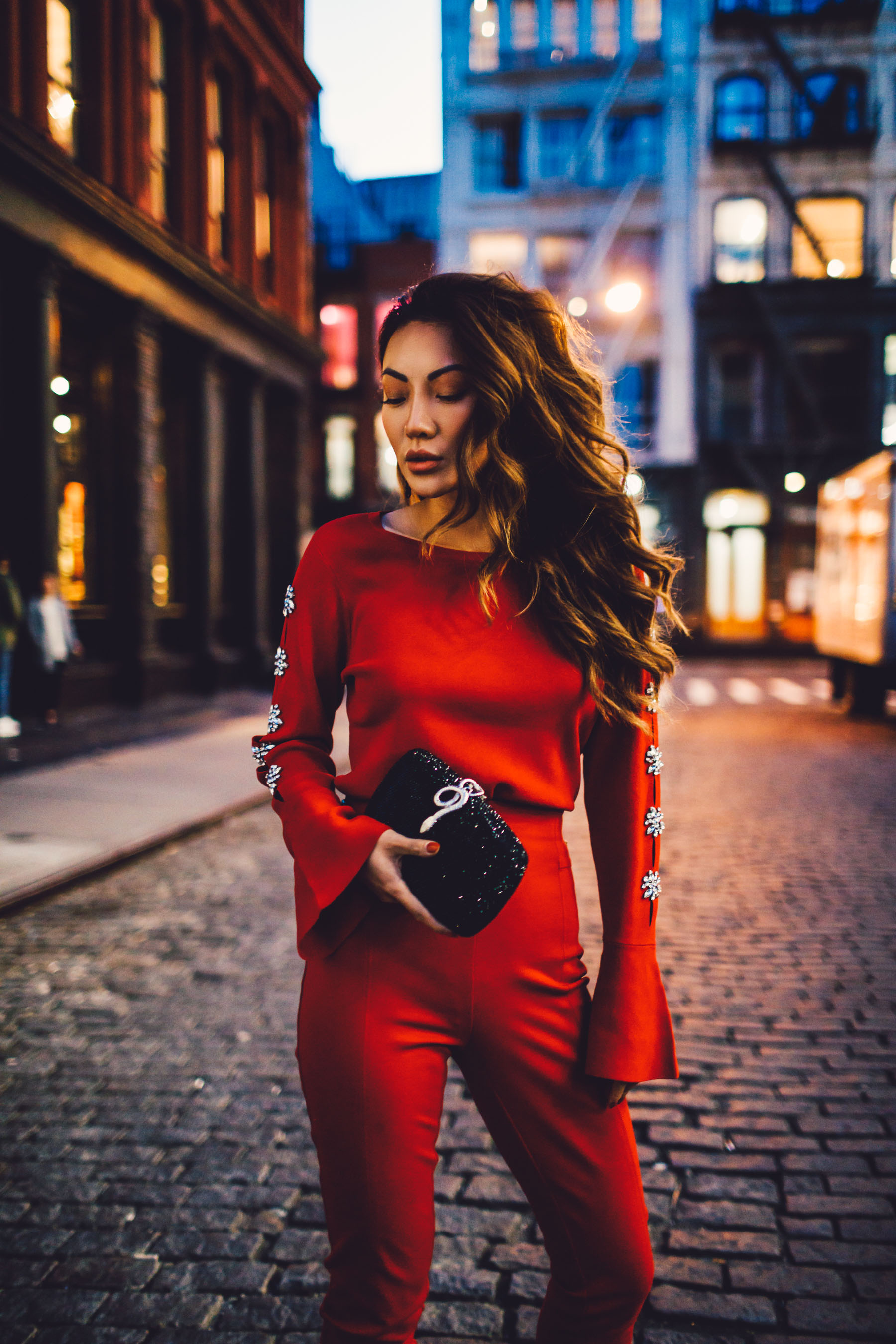 Festive Holiday Look - Red Sweater with Embellished Sleeves // Notjessfashion