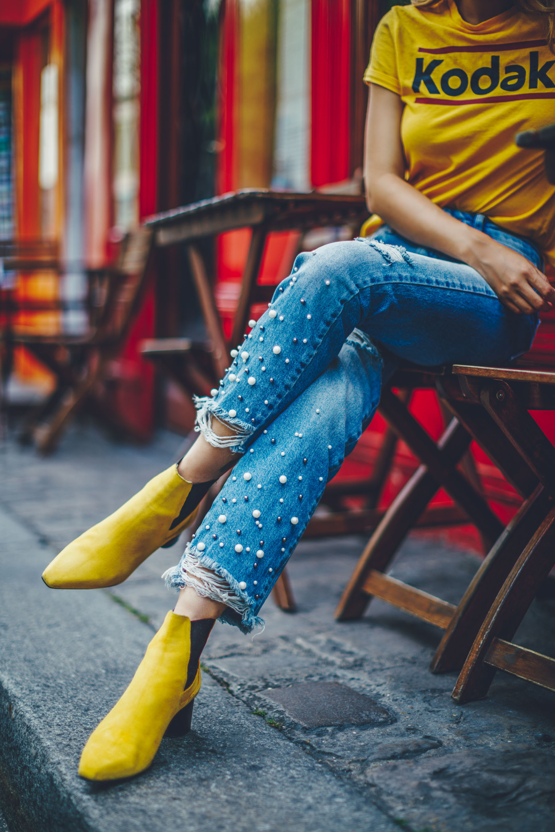 Frayed Pearl Jeans with Yellow Booties // Notjessfashion.com