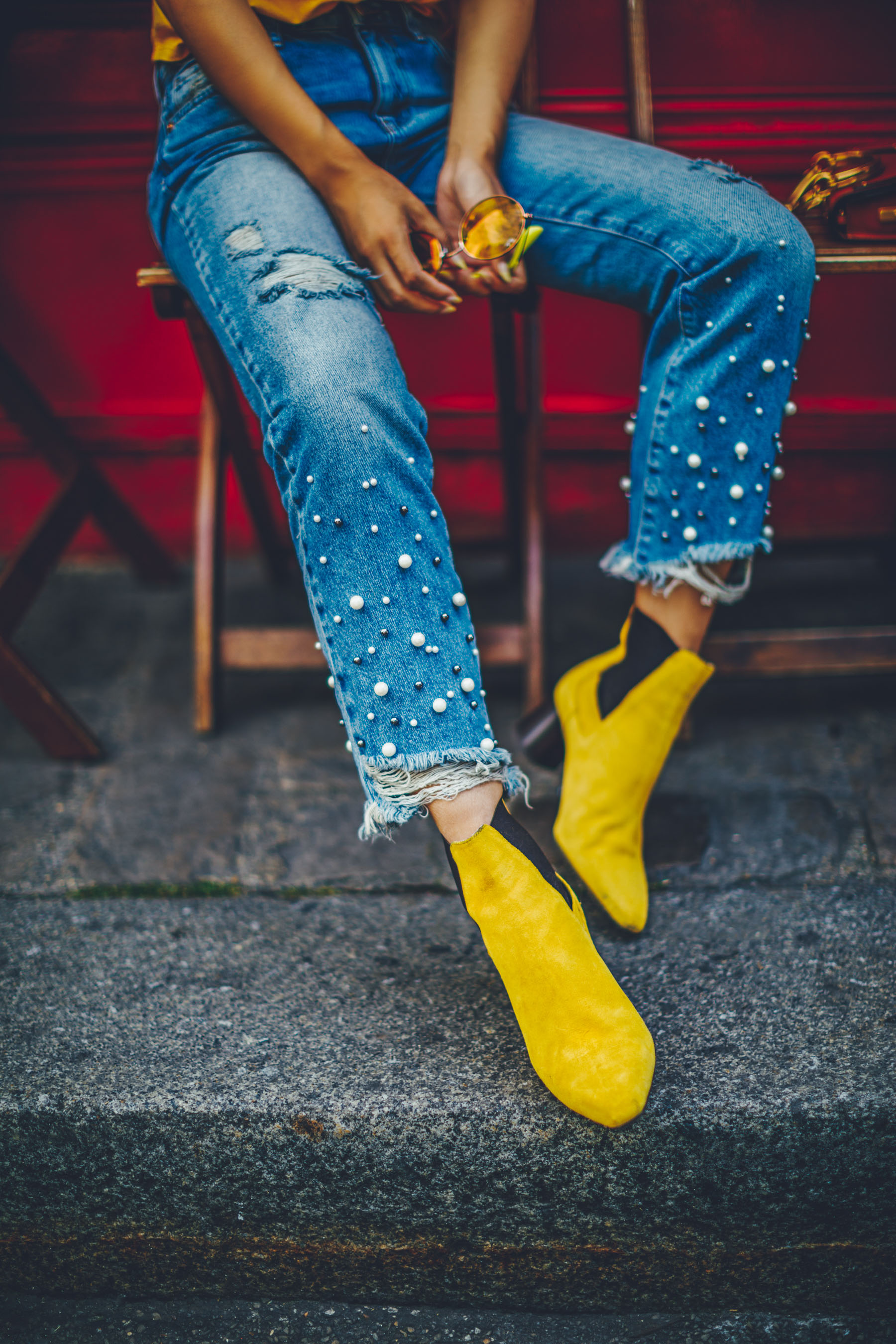 Ways to Wear Pearls - Distressed Pearl Jeans with Yellow Ankle Boots // Notjessfashion.com