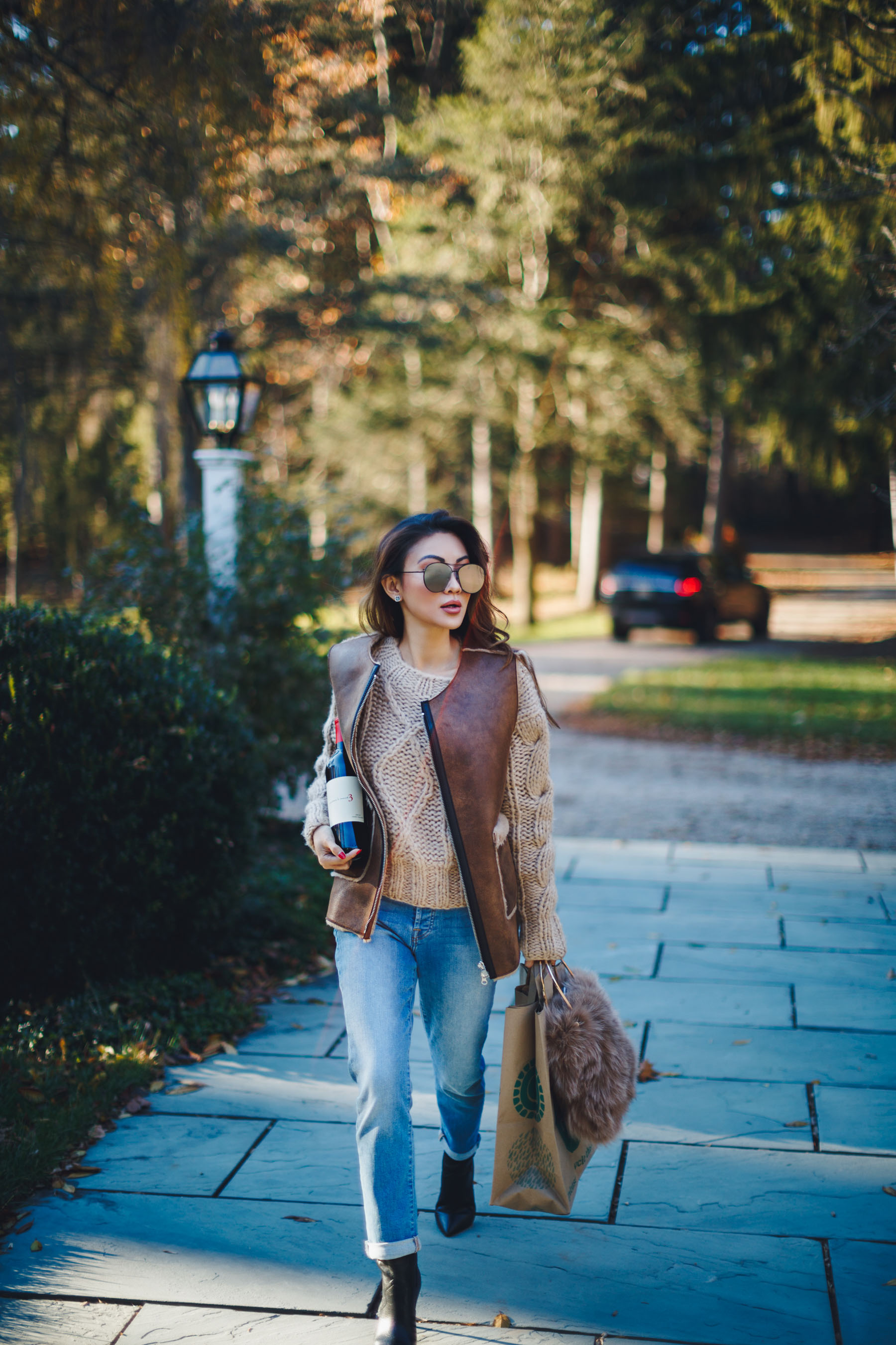 Mirrored Aviator Sunglasses with Tan Sweater and Leather Vest // Notjessfashion.com