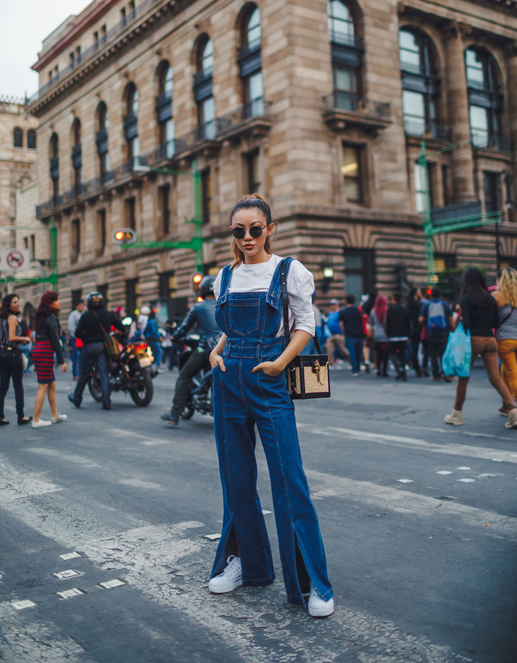 Instagram Hot Spots in Mexico City - Flare Denim Overalls White Sweater // Notjessfashion.com