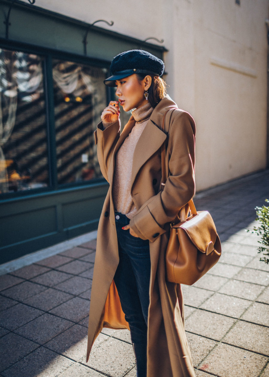 Winter Instagram Outfits - Camel Coat with Tan Turtleneck Sweater and Newsboy Cap // Notjessfashion.com