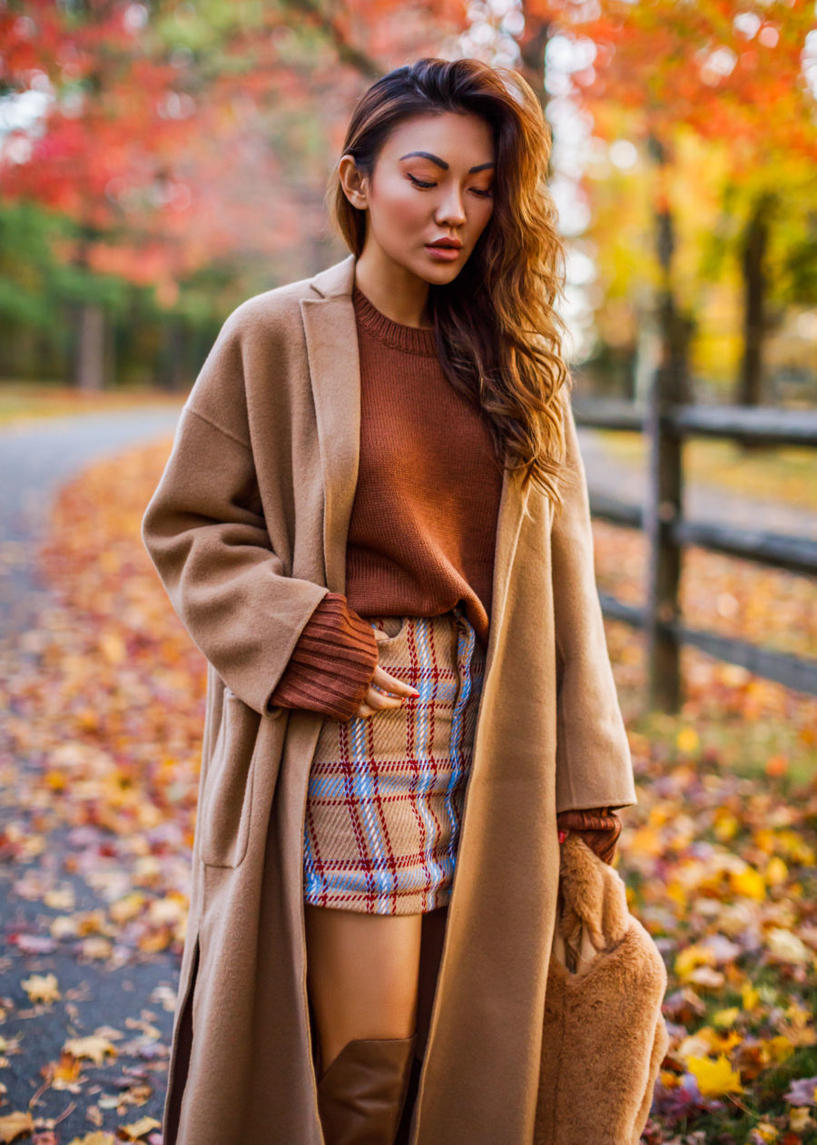 Plaid Mini Skirt with Over the Knee Boots and Camel Coat // Notjessfashion.com