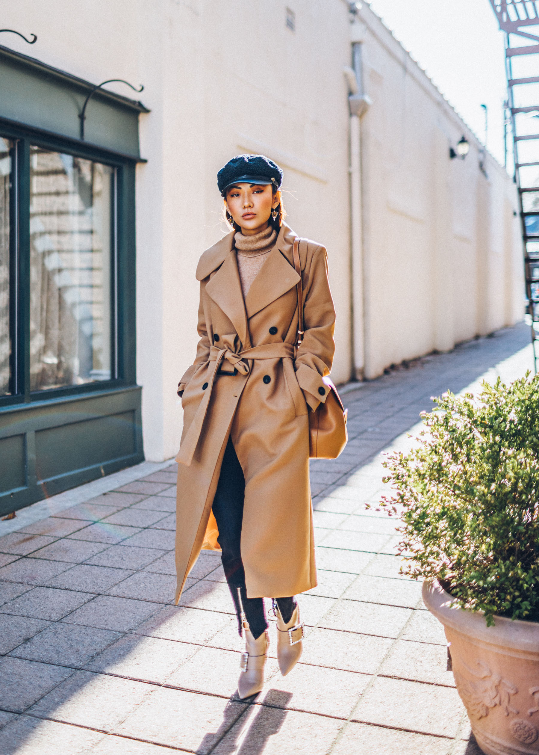 Beige Long Coat with Turtleneck Sweater