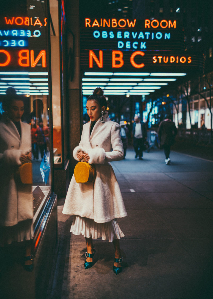 Elegant Winter Outfit for the Holidays - Winter White Coat with Pleated Dress and Satin Heels // Notjessfashion.com