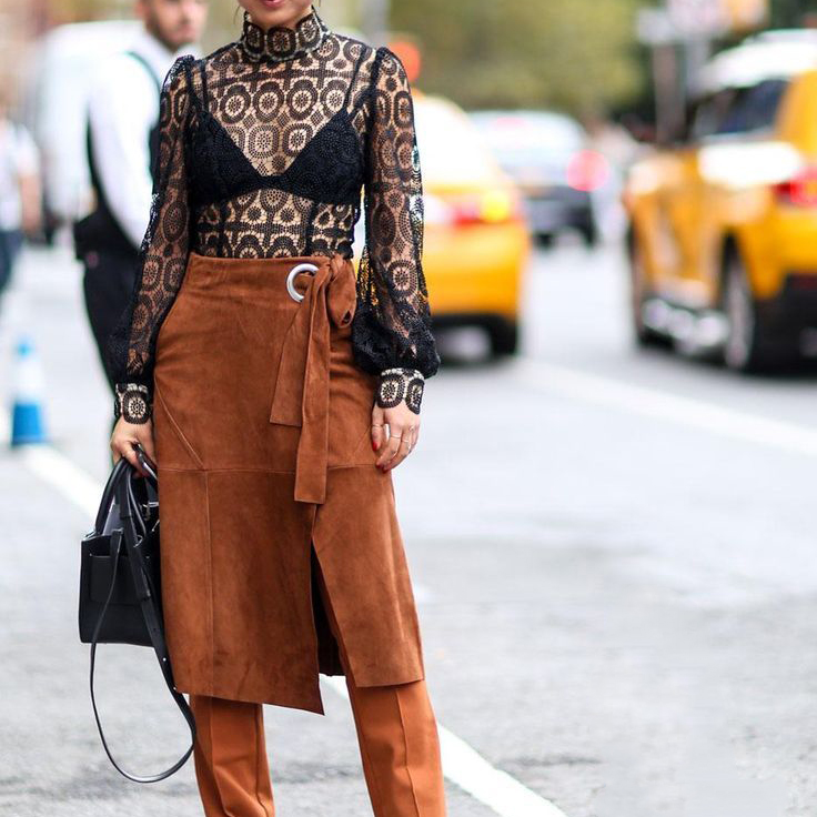 Holiday Outfit Ideas - Sheer Lace Top and Suede Skirt // Notjessfashion.com