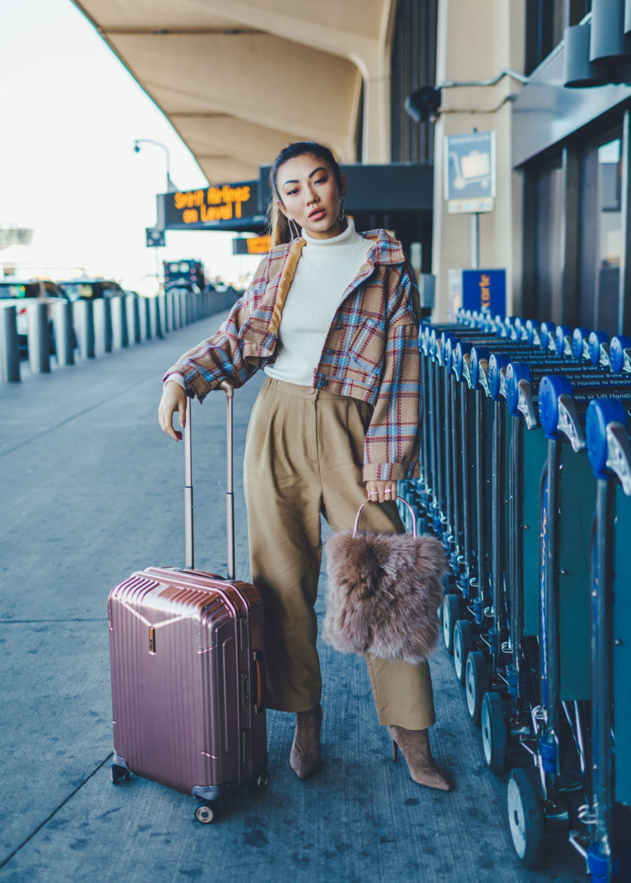 holiday travel looks in plaid coat and wide leg pants // Notjessfashion.com