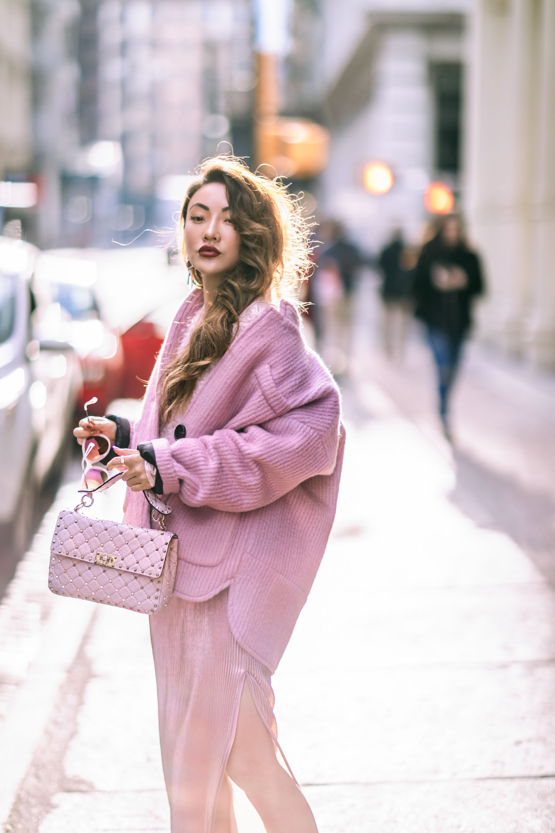 How to Pull Off Springs Trends in the Winter - Pink Monochrome Outfit // Notjessfashion.com // pink blazer, pink fluffy sweater, metallic pink skirt, silver sneakers, metallic shoes, casual pink outfit, pink valentino bag, valentino handbag, fashion blogger, fashion blogger street style, street style fashion, jessica wang, asian blogger, pink socks, edgy style