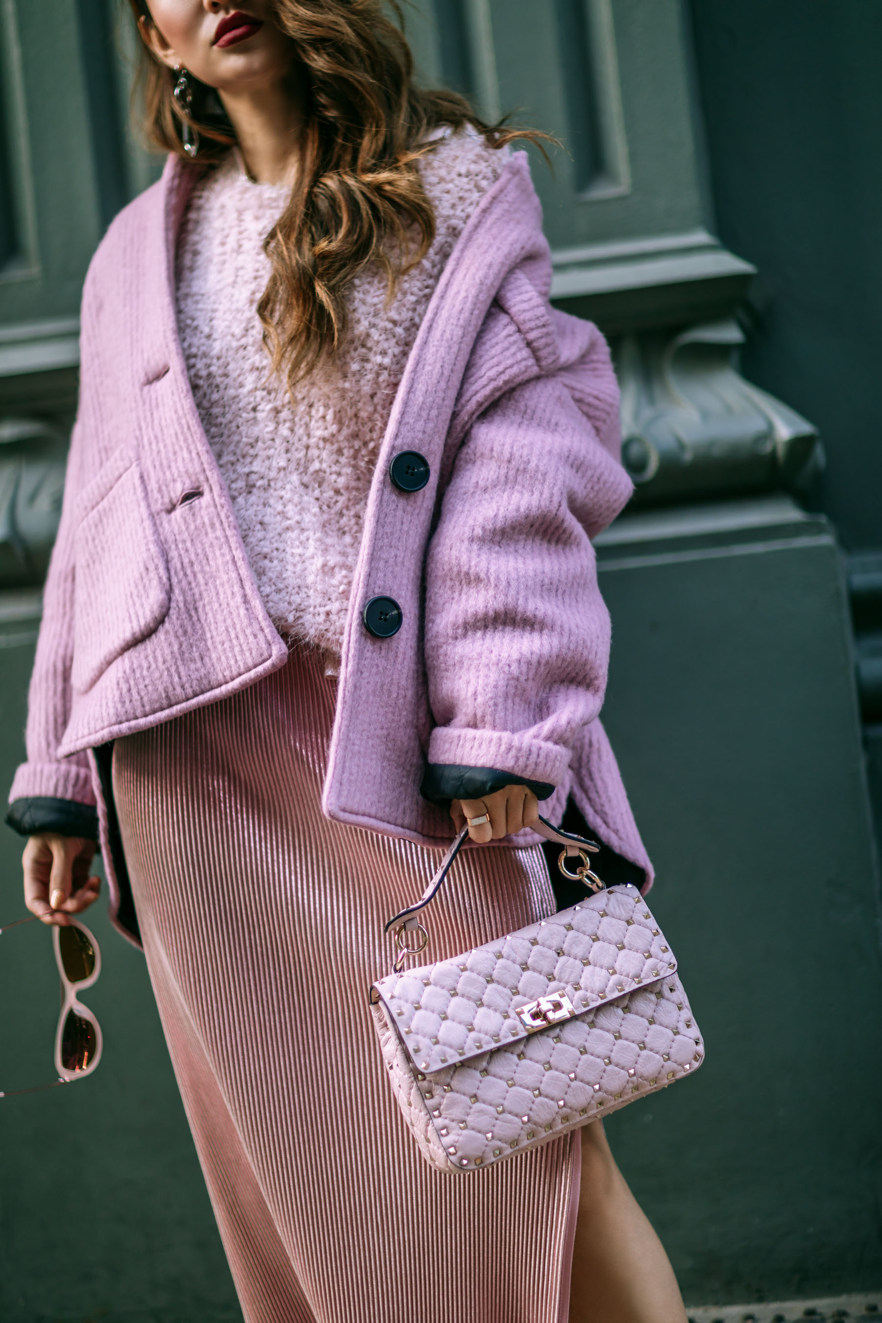 How to Pull Off Springs Trends in the Winter - Pink Monochrome Outfit // Notjessfashion.com // pink blazer, pink fluffy sweater, metallic pink skirt, silver sneakers, metallic shoes, casual pink outfit, pink valentino bag, valentino handbag, fashion blogger, fashion blogger street style, street style fashion, jessica wang, asian blogger, pink socks, edgy style, pink sunglasses, pleated pink skirt, fashion details