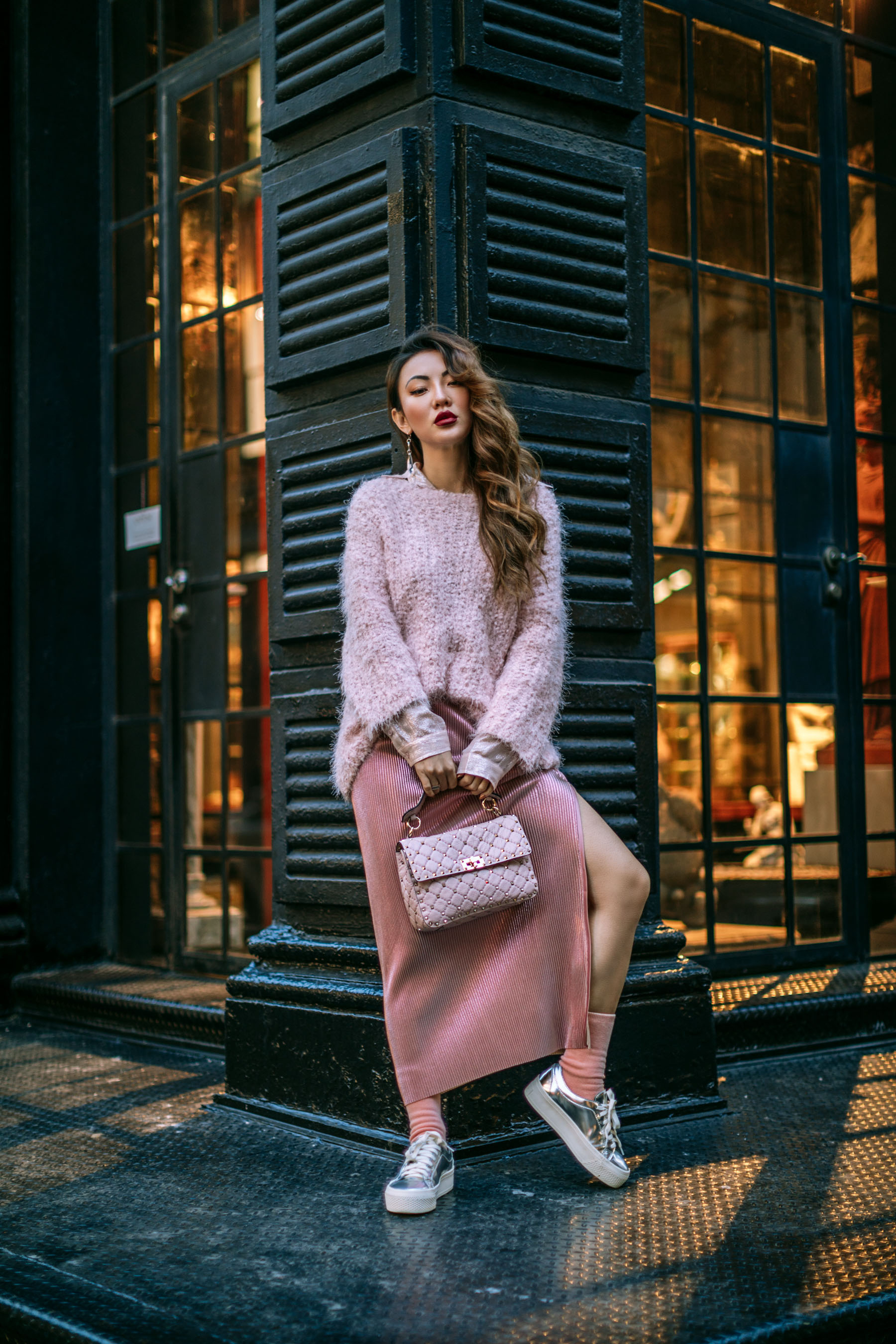 How to Pull Off Springs Trends in the Winter - Pink Monochrome Outfit // Notjessfashion.com // pink blazer, pink fluffy sweater, metallic pink skirt, silver sneakers, metallic shoes, casual pink outfit, pink valentino bag, valentino handbag, fashion blogger, fashion blogger street style, street style fashion, jessica wang, asian blogger, pink socks, edgy style