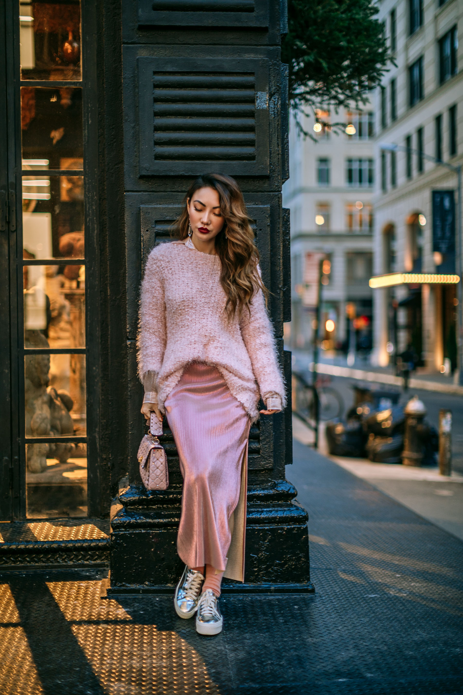 How to Pull Off Springs Trends in the Winter - Pink Monochrome Outfit // Notjessfashion.com // pink blazer, pink fluffy sweater, metallic pink skirt, silver sneakers, metallic shoes, casual pink outfit, pink valentino bag, valentino handbag, fashion blogger, fashion blogger street style, street style fashion, jessica wang, asian blogger, pink socks, edgy style