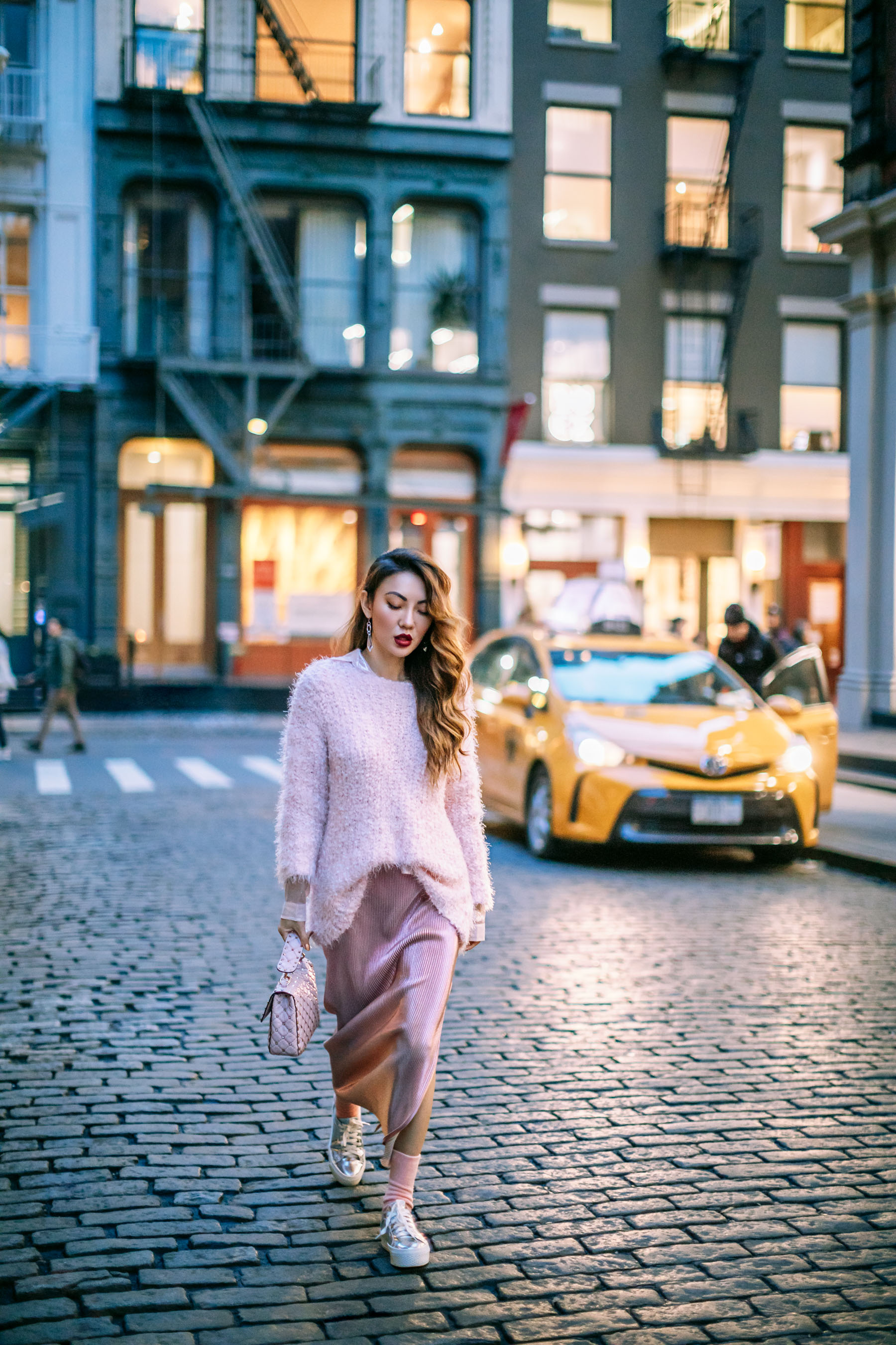 How to Pull Off Springs Trends in the Winter - Pink Monochrome Outfit // Notjessfashion.com // pink blazer, pink fluffy sweater, metallic pink skirt, silver sneakers, metallic shoes, casual pink outfit, pink valentino bag, valentino handbag, fashion blogger, fashion blogger street style, street style fashion, jessica wang, asian blogger, pink socks, edgy style