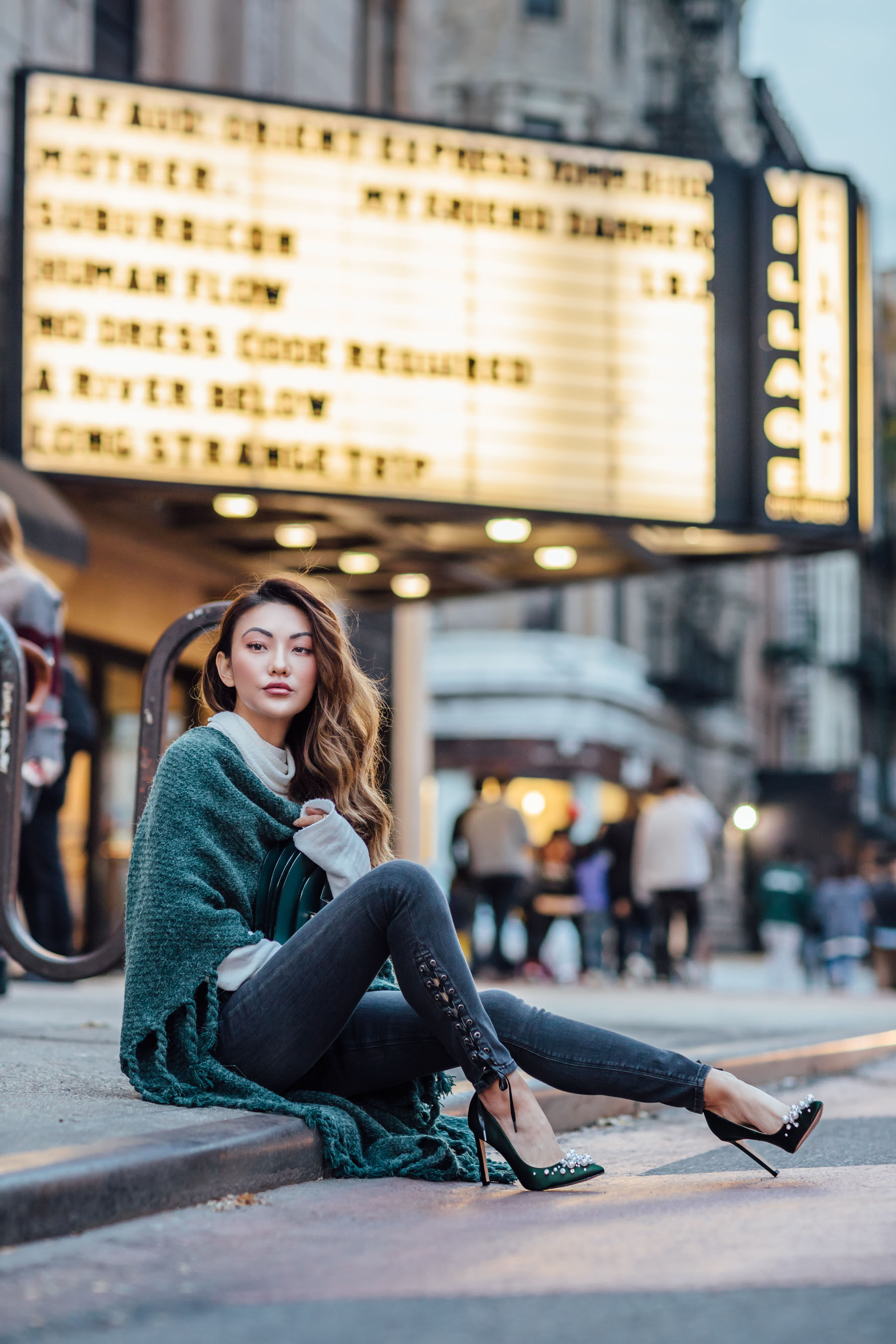 Fashion Details to Step Up Your Winter Look - Fringe Kimono, Lace up jeans, embellished pumps // Notjessfashion // Jessica wang, winter outfits, stylish winter outfit, fashion blogger, street style, winter street style, green satin pumps, nine west heels, fringe details, asian blogger