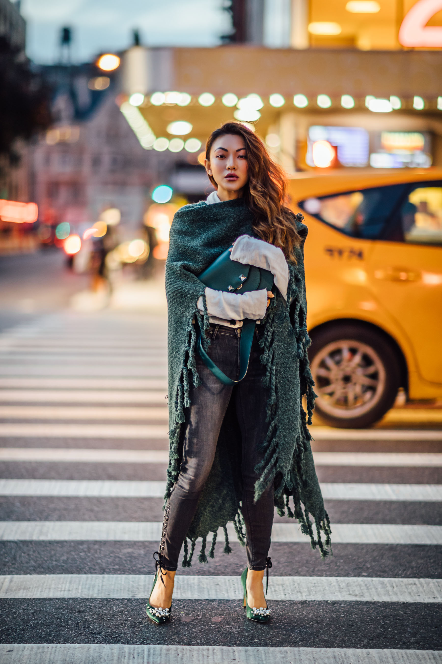 Fashion Details to Elevate Your Favorite Basics - Fringe Kimono, Lace up jeans, embellished pumps // Notjessfashion // Jessica wang, winter outfits, stylish winter outfit, fashion blogger, street style, winter street style, green satin pumps, nine west heels, fringe details, asian blogger, salar bag, green outfits