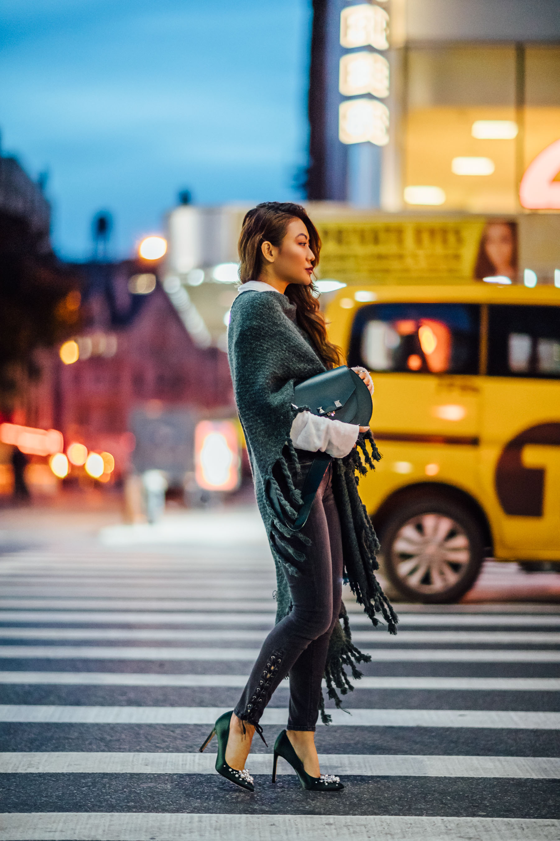 Fashion Details to Elevate Your Favorite Basics - Fringe Kimono, Lace up jeans, embellished pumps // Notjessfashion // Jessica wang, winter outfits, stylish winter outfit, fashion blogger, street style, winter street style, green satin pumps, nine west heels, fringe details, asian blogger, salar bag, green outfits