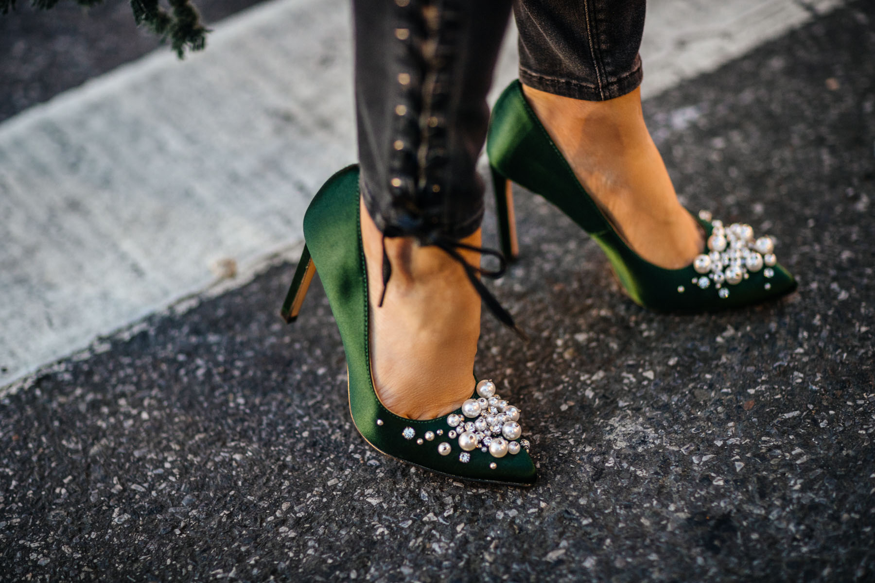 Fashion Details to Elevate Your Favorite Basics - green satin pumps, satin heels, embellished pumps // Notjessfashion // Jessica wang, winter outfits, stylish winter outfit, fashion blogger, street style, winter street style, green satin pumps, nine west heels, fringe details, asian blogger, salar bag, green outfits, shoe trends