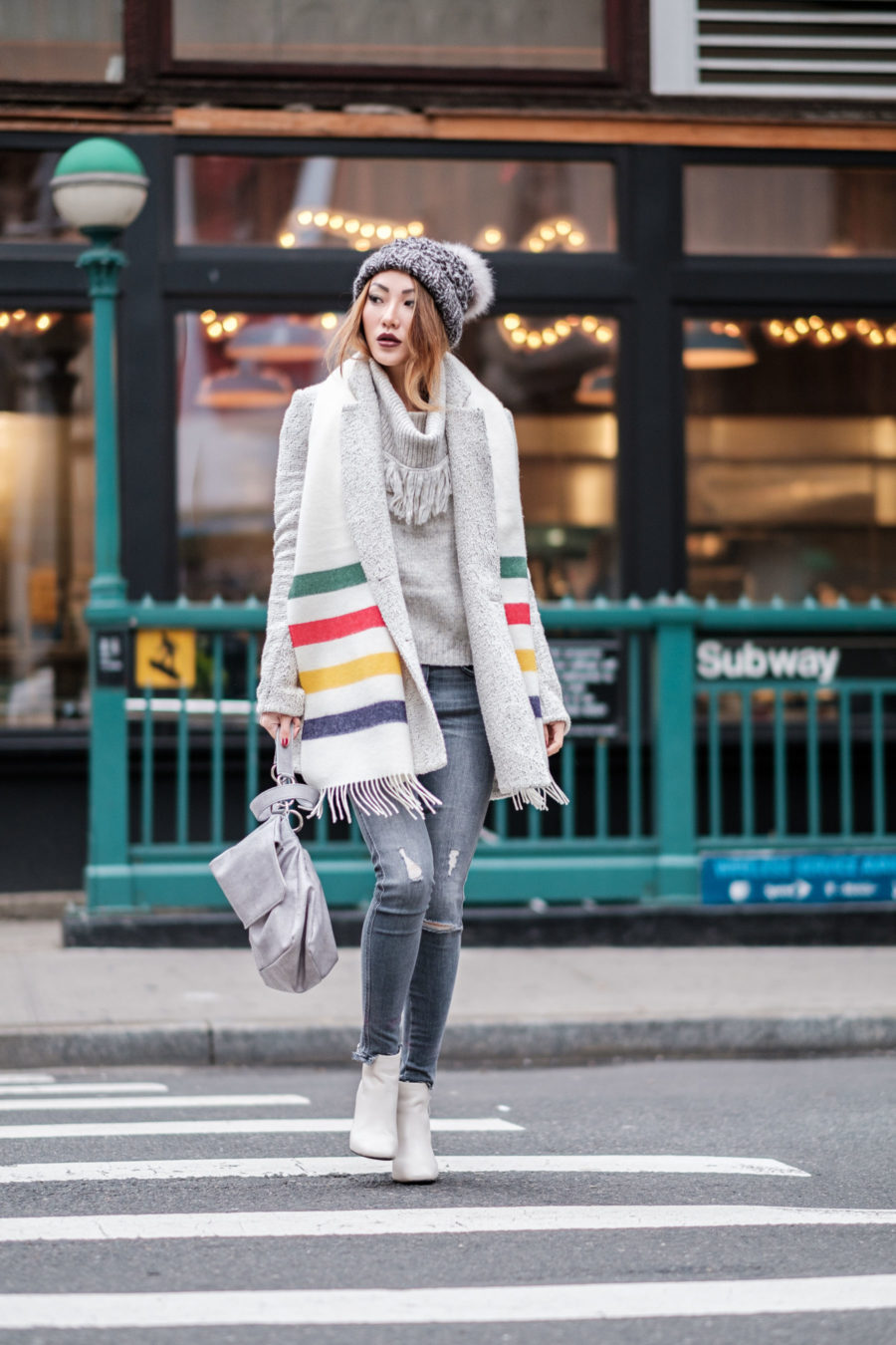 Outdated Fashion Rules You Should Break, nyc winter style, white boots, stripe scarf // Notjessfashion.com