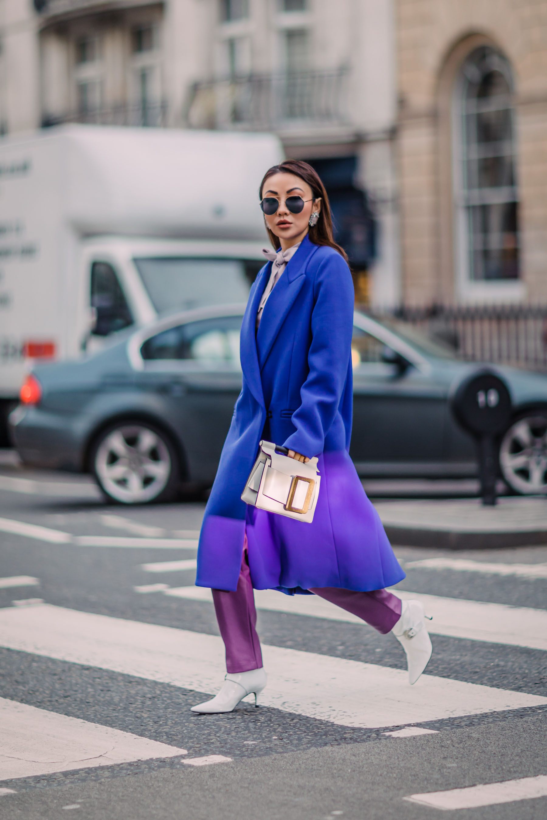 London Fashion Week Recap 2 - blue coat, white boots, purple pants, bold colors outfit // Notjessfashion.com