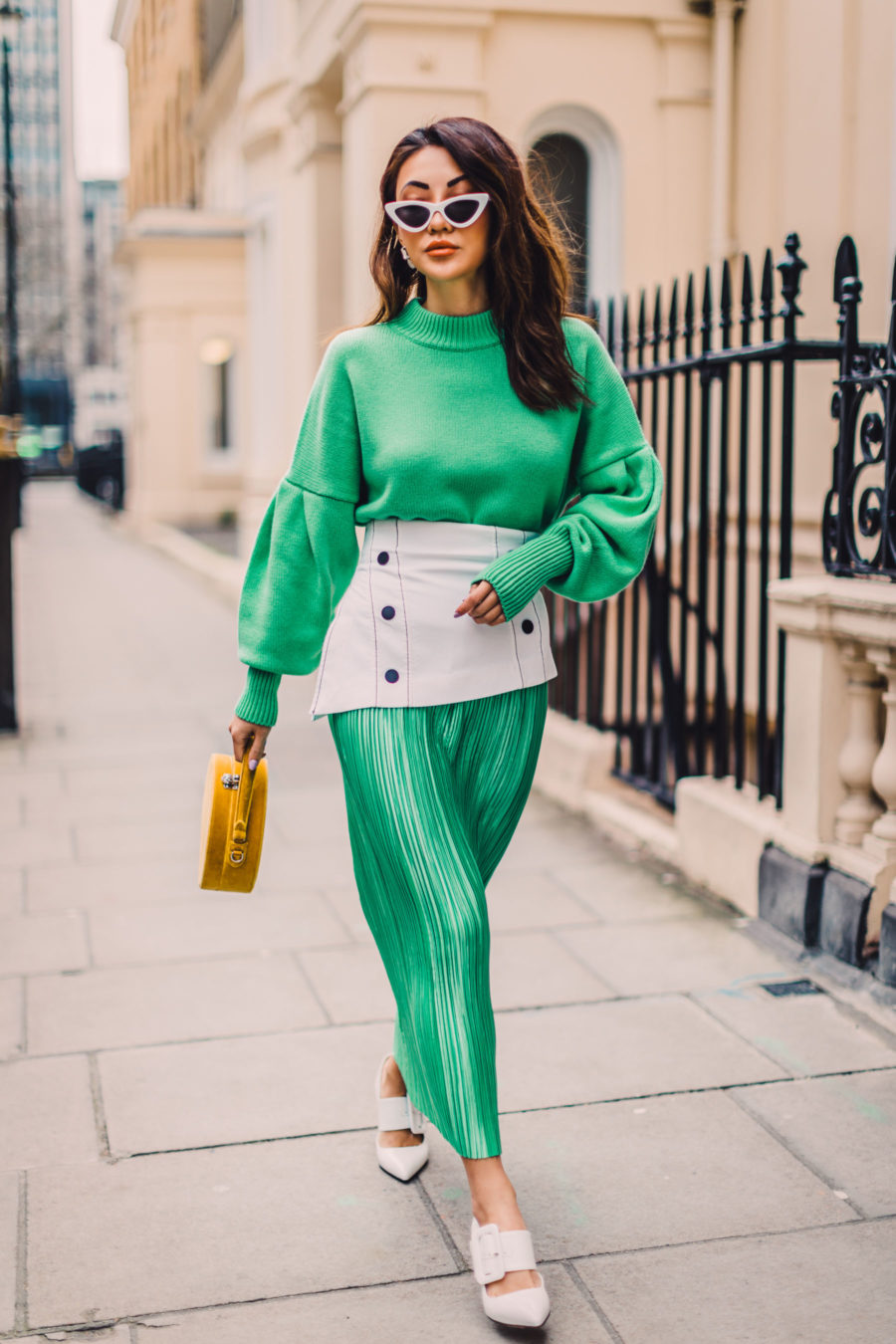 Shopbop Sale Alert - The Best Spring and Summer Items To Buy, Yellow Mini Handbag, Green Dress for Spring, White Pointed Pumps, Streetstyle, Green Pleated Dress, Jessica Wang // NotJessFashion.com