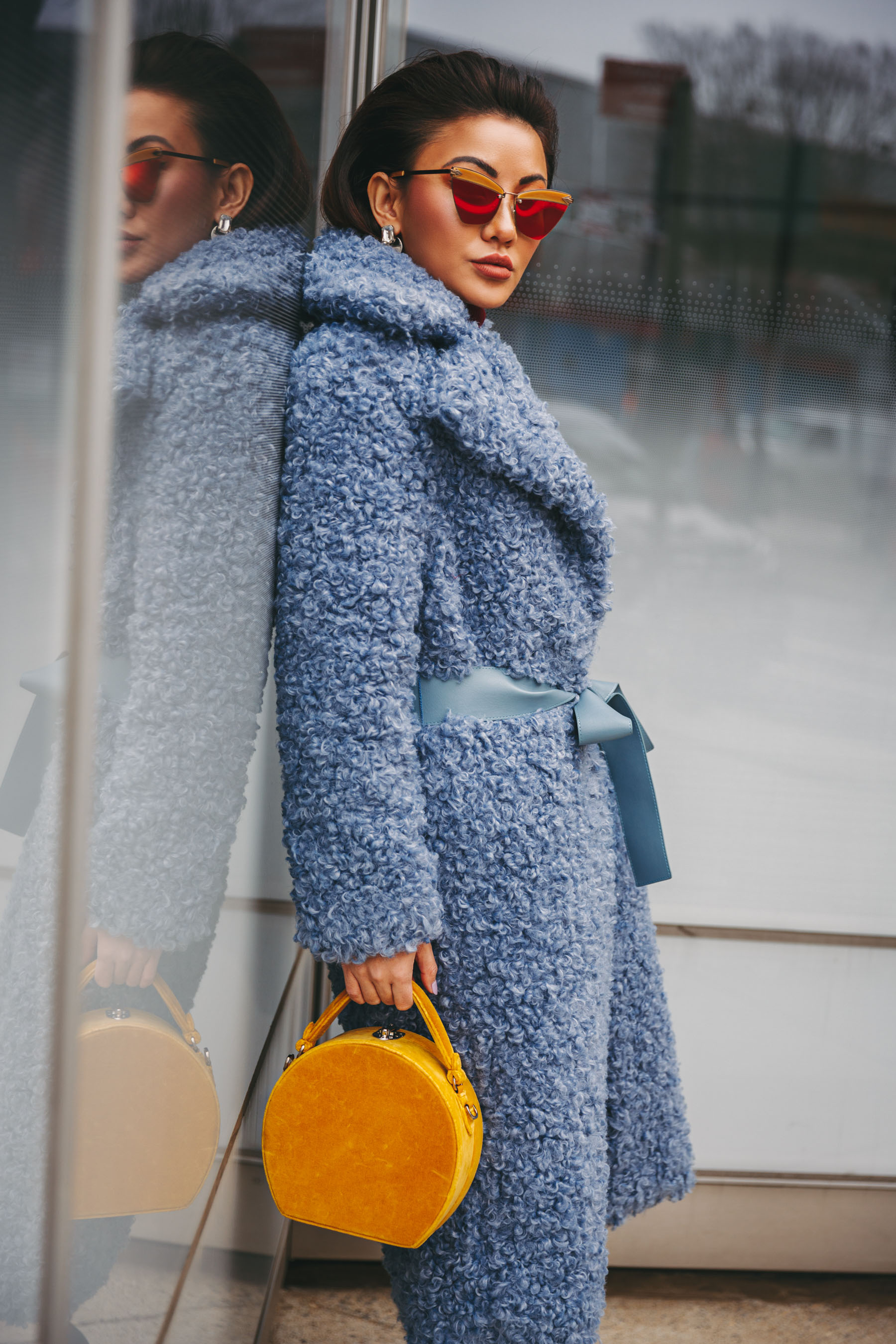 NYFW 2018 Street Style - Blue Teddy Coat and yellow circle bag // Notjessfashion.com