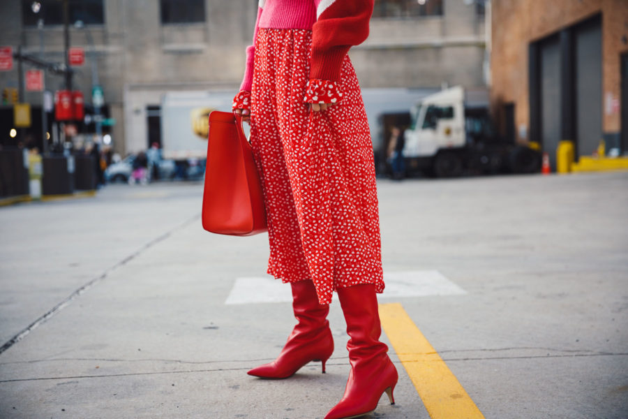 What to wear with knee high boots - monochromatic outfit, polka dot skirt, geometric sweater, knee high boots // Notjessfashion.com