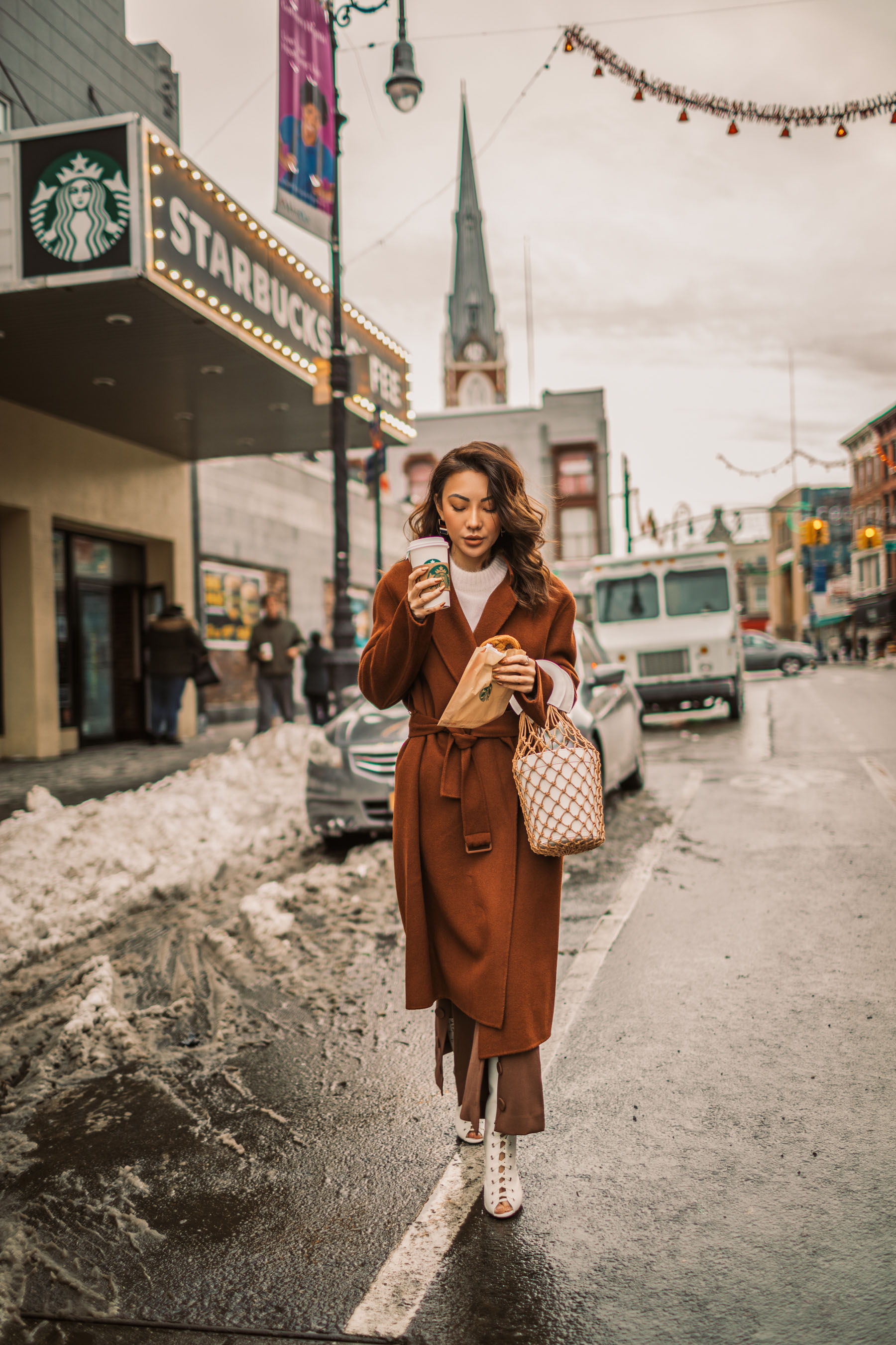Up and Coming Handbag Brands to Know in 2018 // Notjessfashion.com // staud macrame bag, brown button trousers, wrap coat, robe coat, chic winter outfit, new york fashion blogger