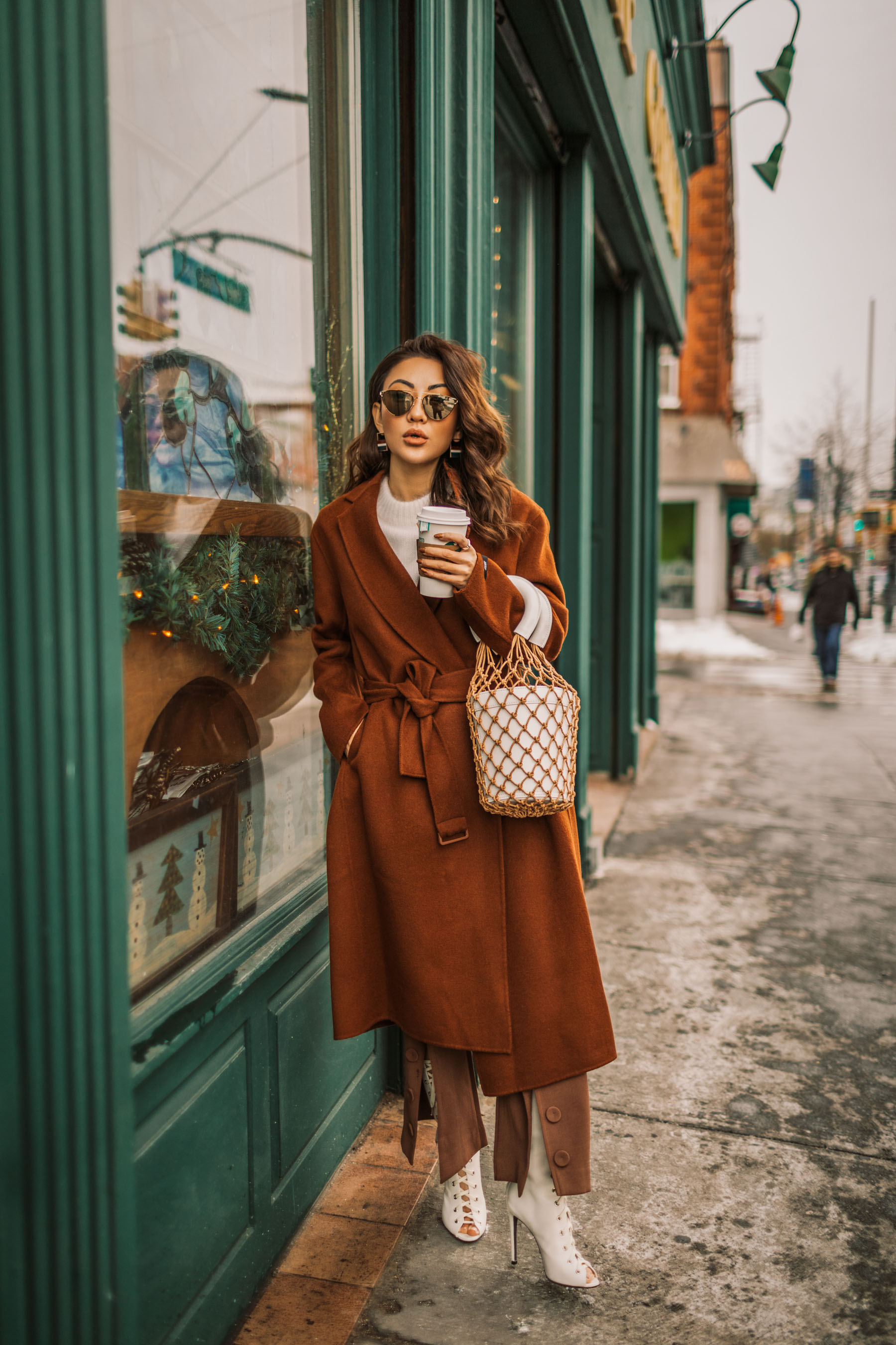 Up and Coming Handbag Brands to Know in 2018 // Notjessfashion.com // staud macrame bag, brown button trousers, wrap coat, robe coat, chic winter outfit, new york fashion blogger, aviator sunglasses