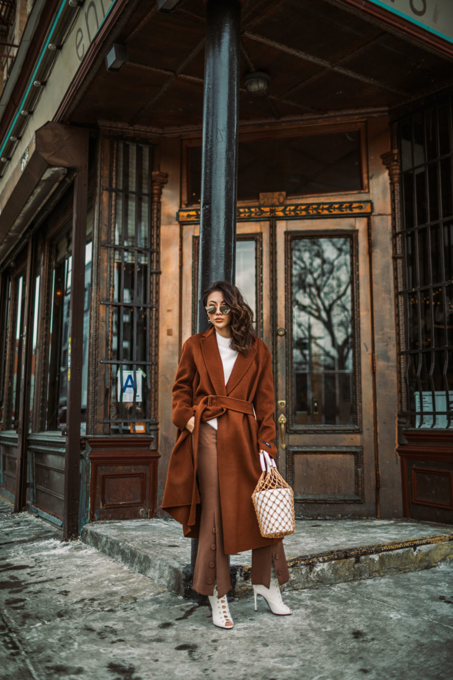 Winter wardrobe essentials - staud macrame bag, brown button trousers, wrap coat, robe coat, chic winter outfit, new york fashion blogger, aviator sunglasses, brown monochromatic outfit // Notjessfashion.com