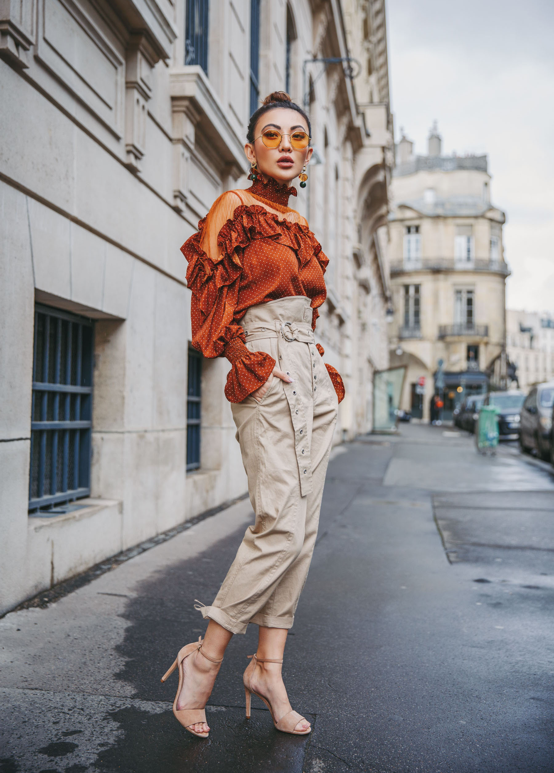 sheer fashion trend, sheer ruffle blouse, paper bag trousers, Nude Sandals, DSW Nude Heels // Notjessfashion.com