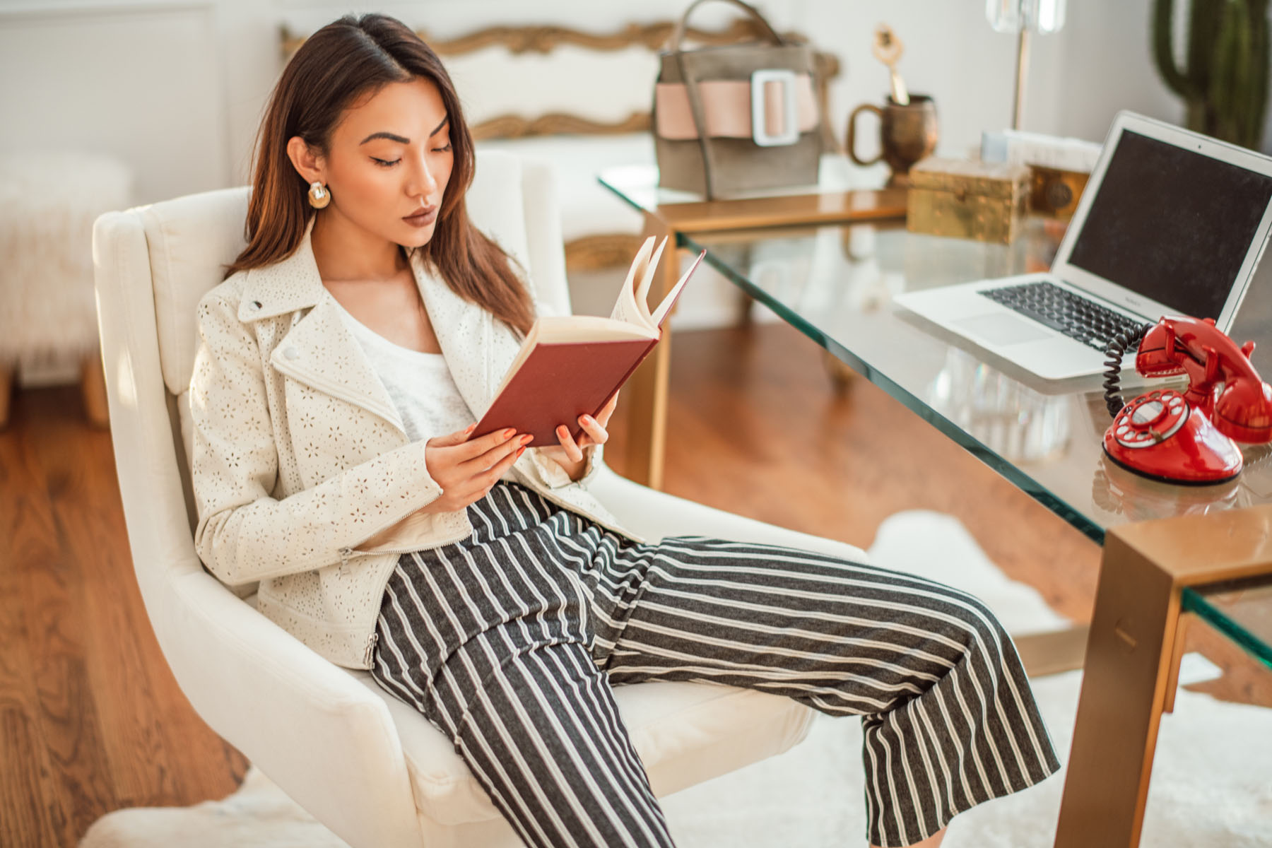 Work Wear Trends for an Ultra Chic Look - Express leather jacket, Express striped trousers, white ankle boots, professional spring outfit, professional office look // Notjessfashion.com