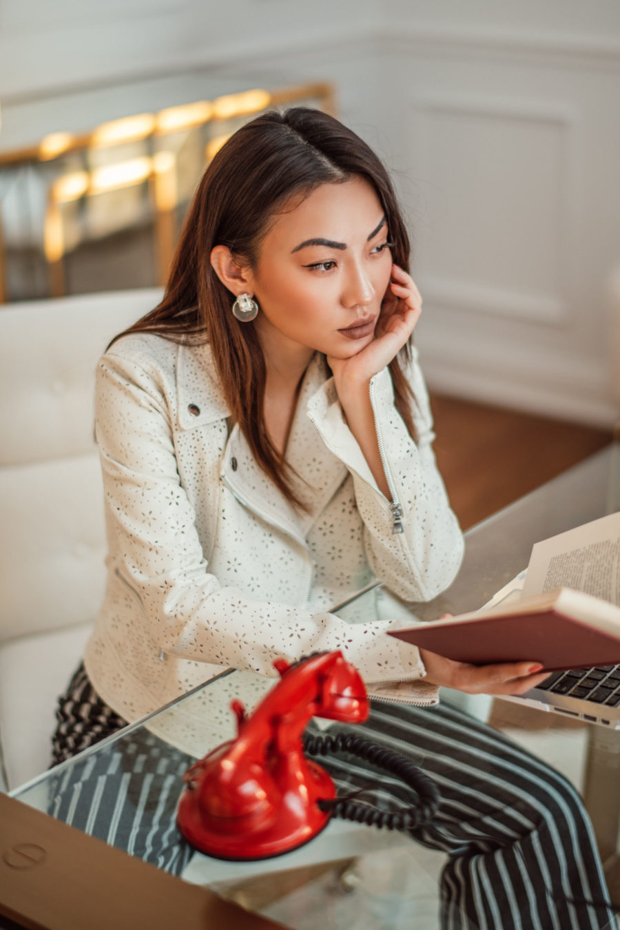 Work Wear Trends for an Ultra Chic Look - Express leather jacket, Express striped trousers, professional spring outfit // Notjessfashion.com