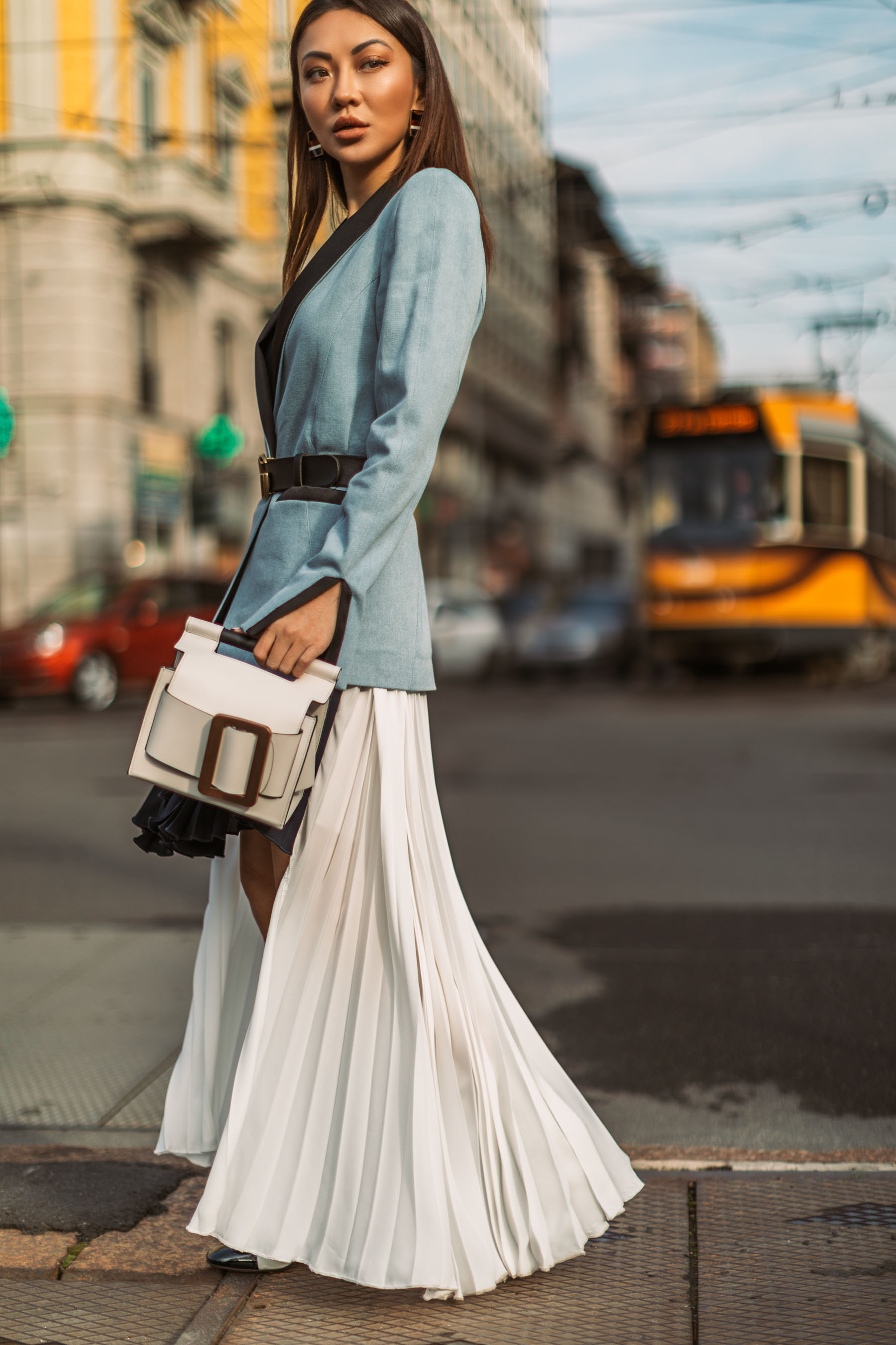 Milan Fashion Week - Jessica Wang Street Style, Blue Tuxedo Jacket, Gucci Belt Outfit, MFW Street Style // Notjessfashion.com